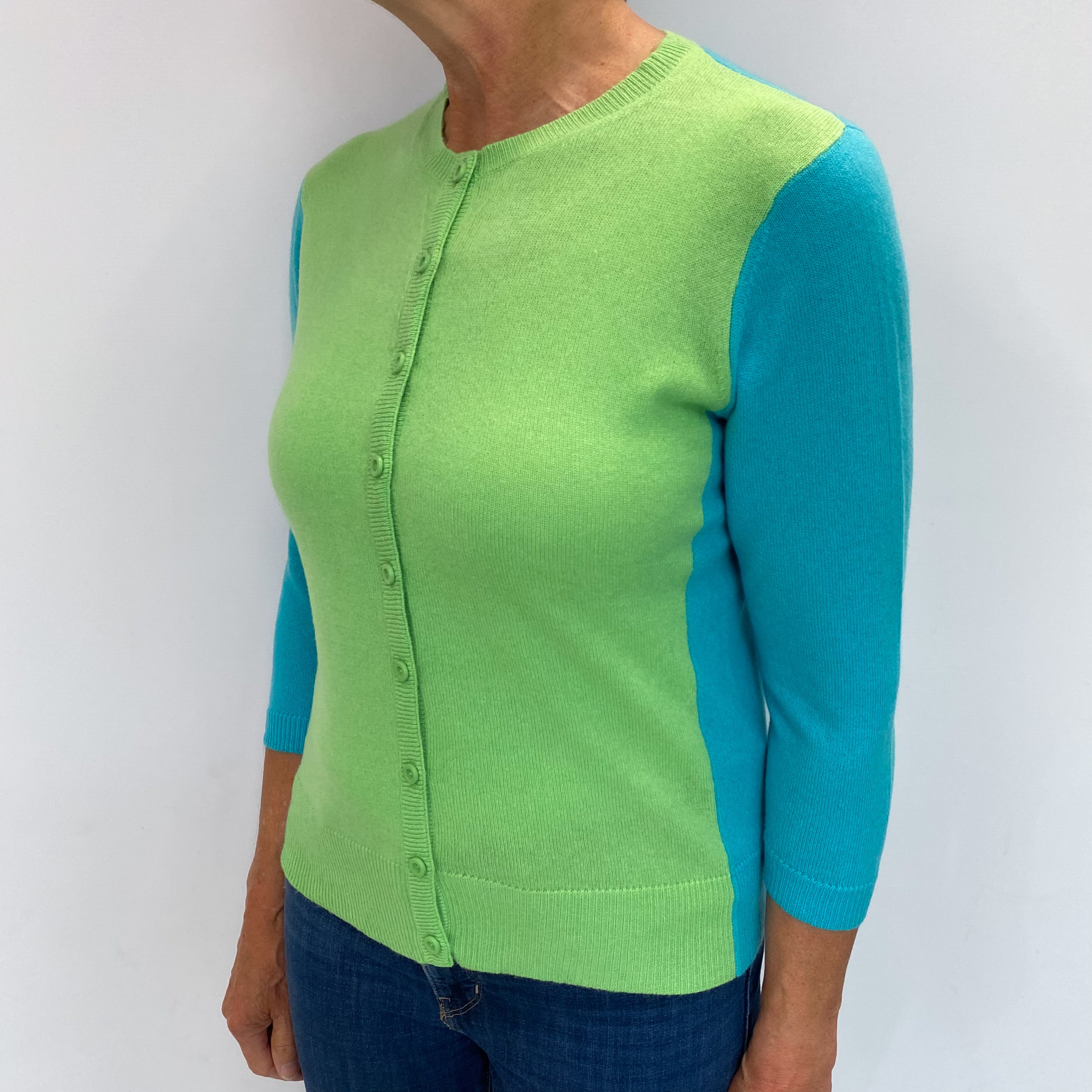 Spring Green Colour Block Cashmere Crew Neck Cardigan Medium