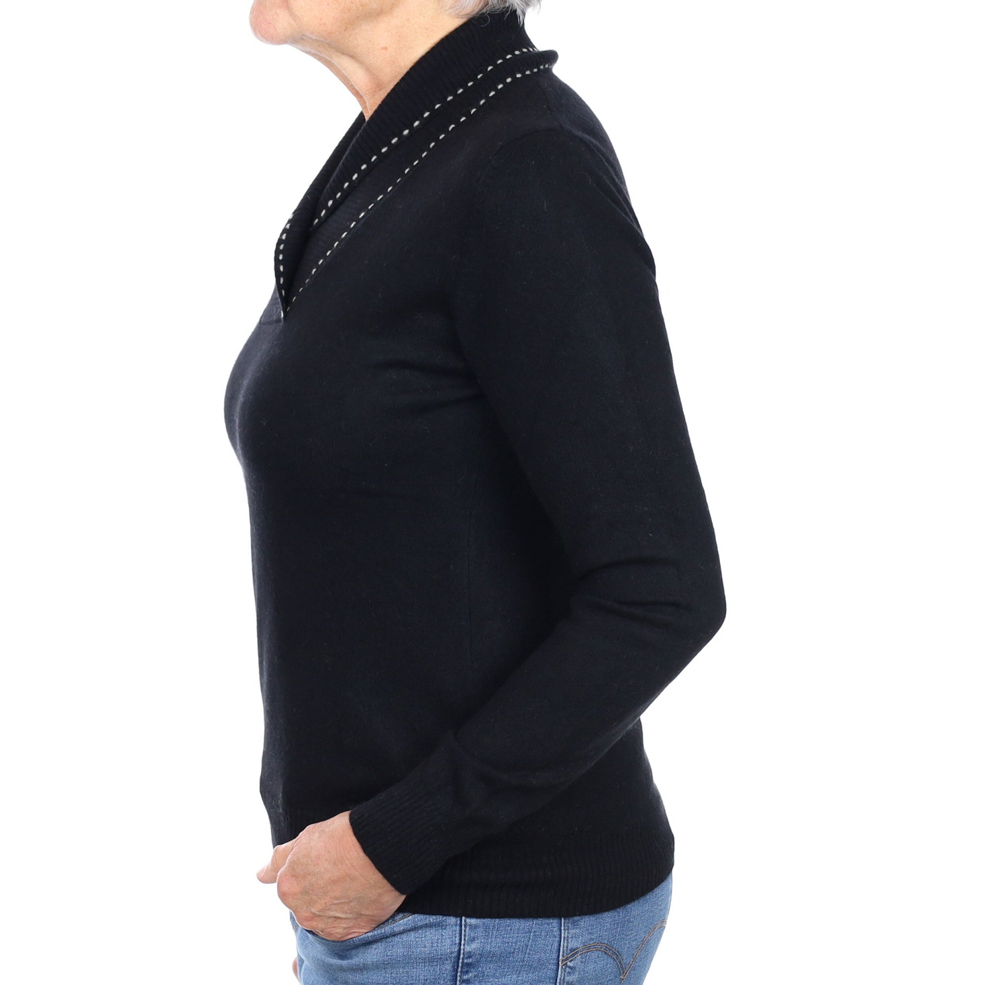 Black Cashmere Shawl Collar V Neck Jumper Medium