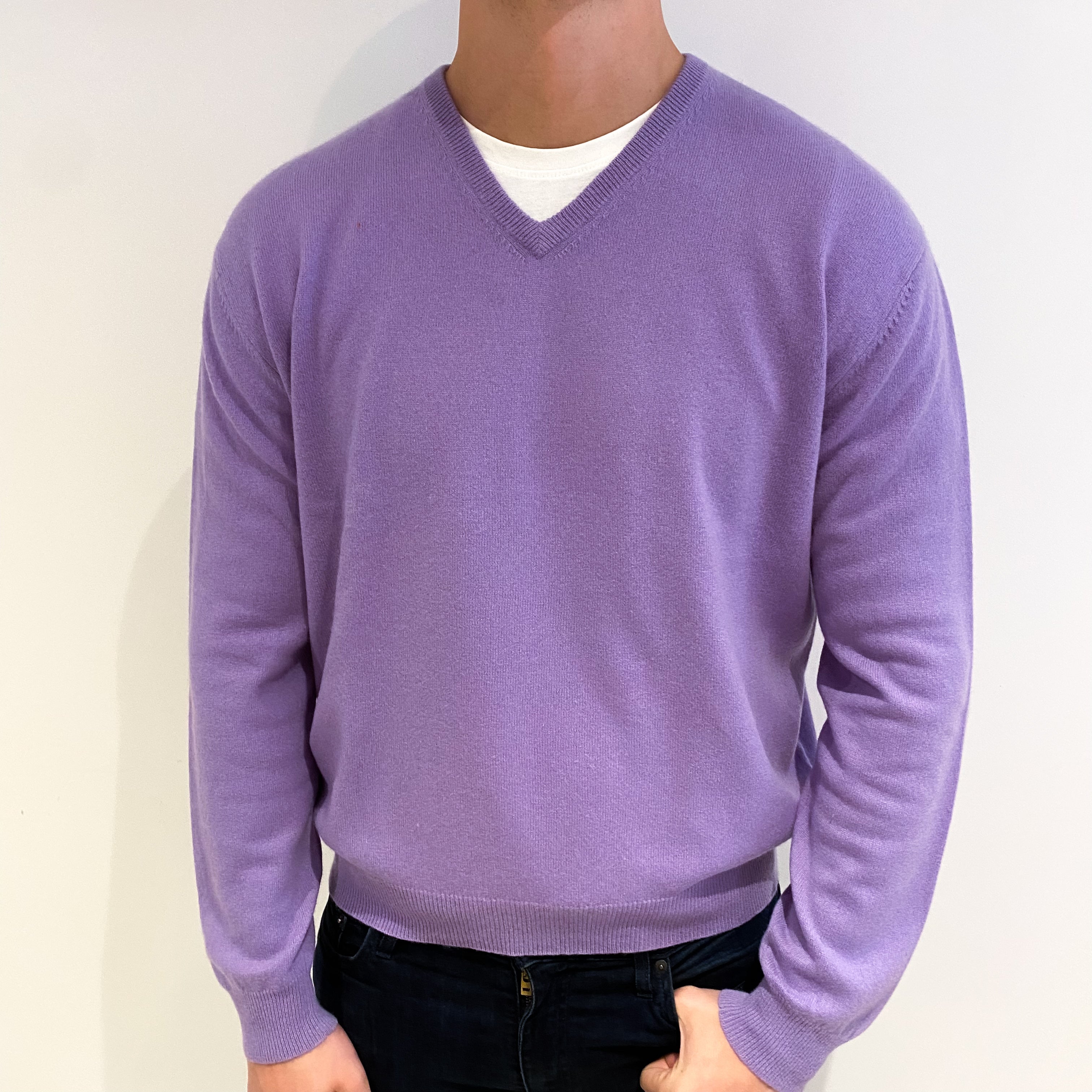 Men's Lavender Purple Cashmere V Neck Jumper XXL