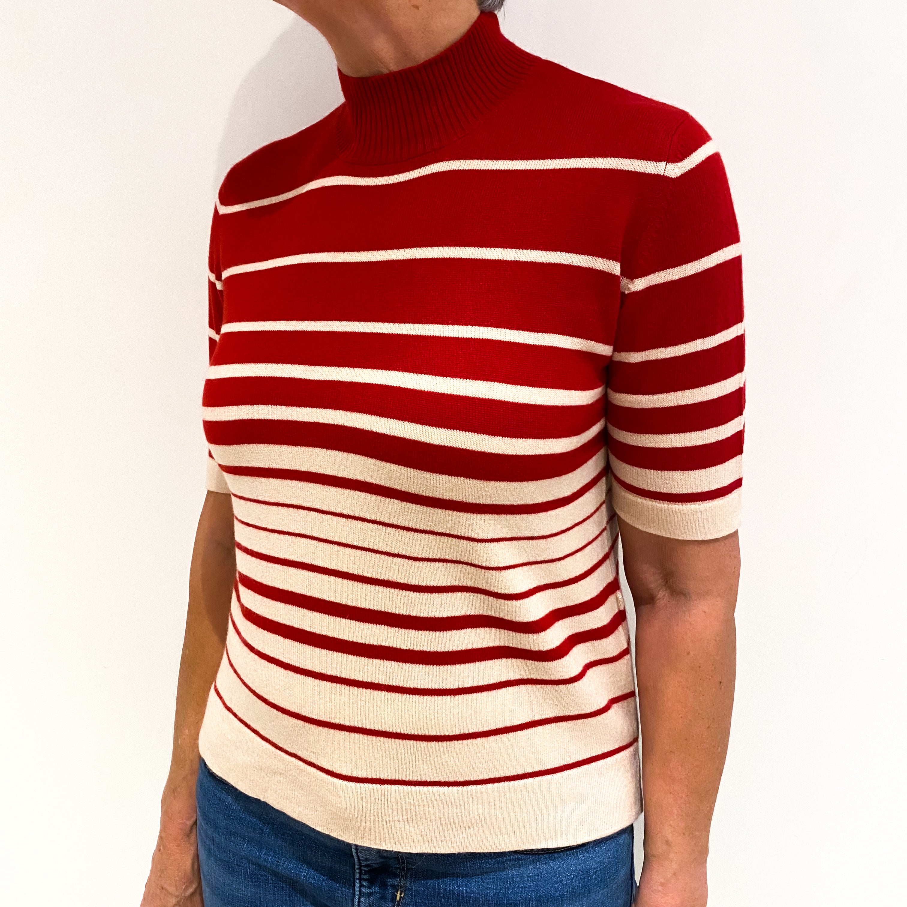 Red Cream Stripe Cashmere Short Sleeved Turtle Neck Jumper Medium
