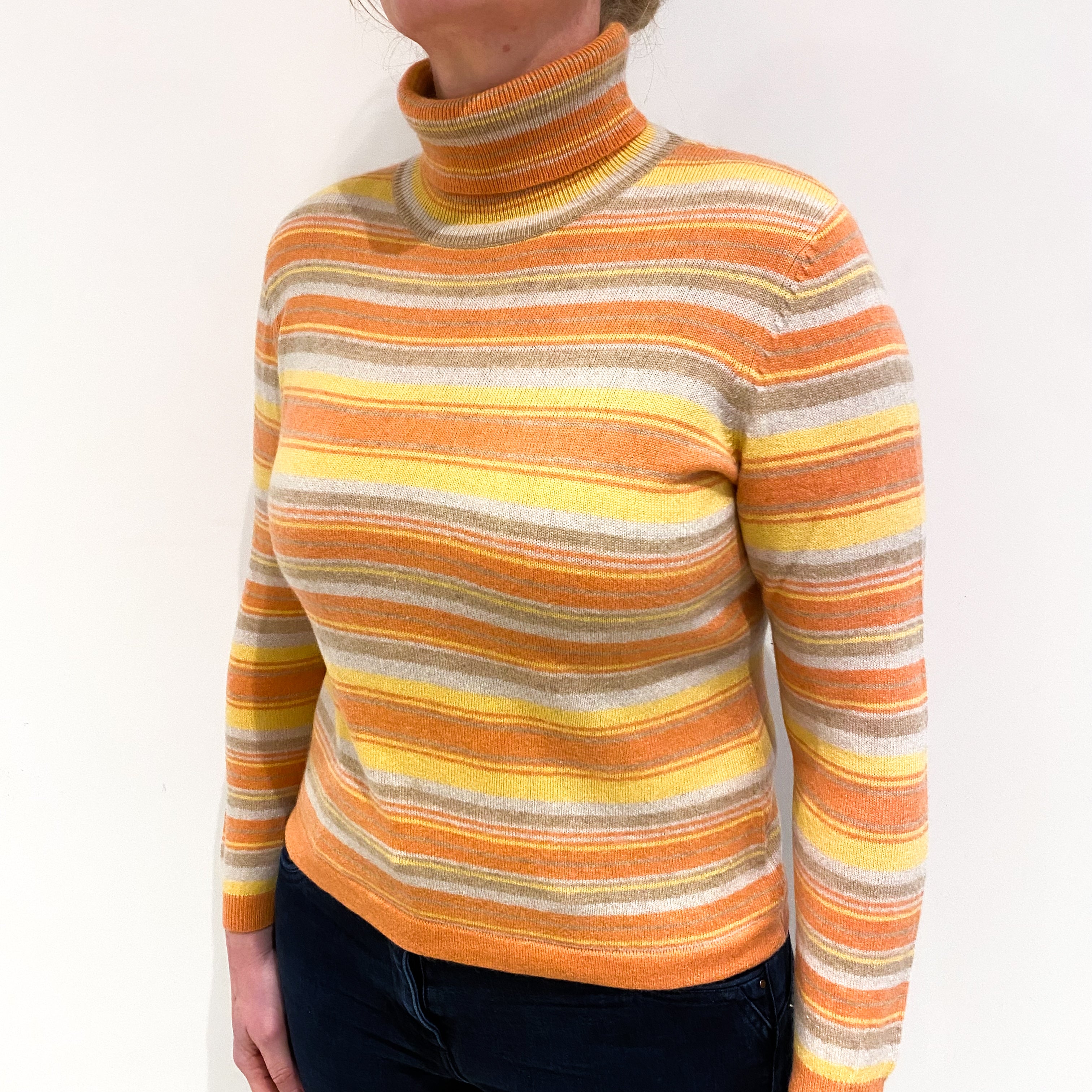 Orange and Yellow Stripe Cashmere Polo Neck Jumper Large