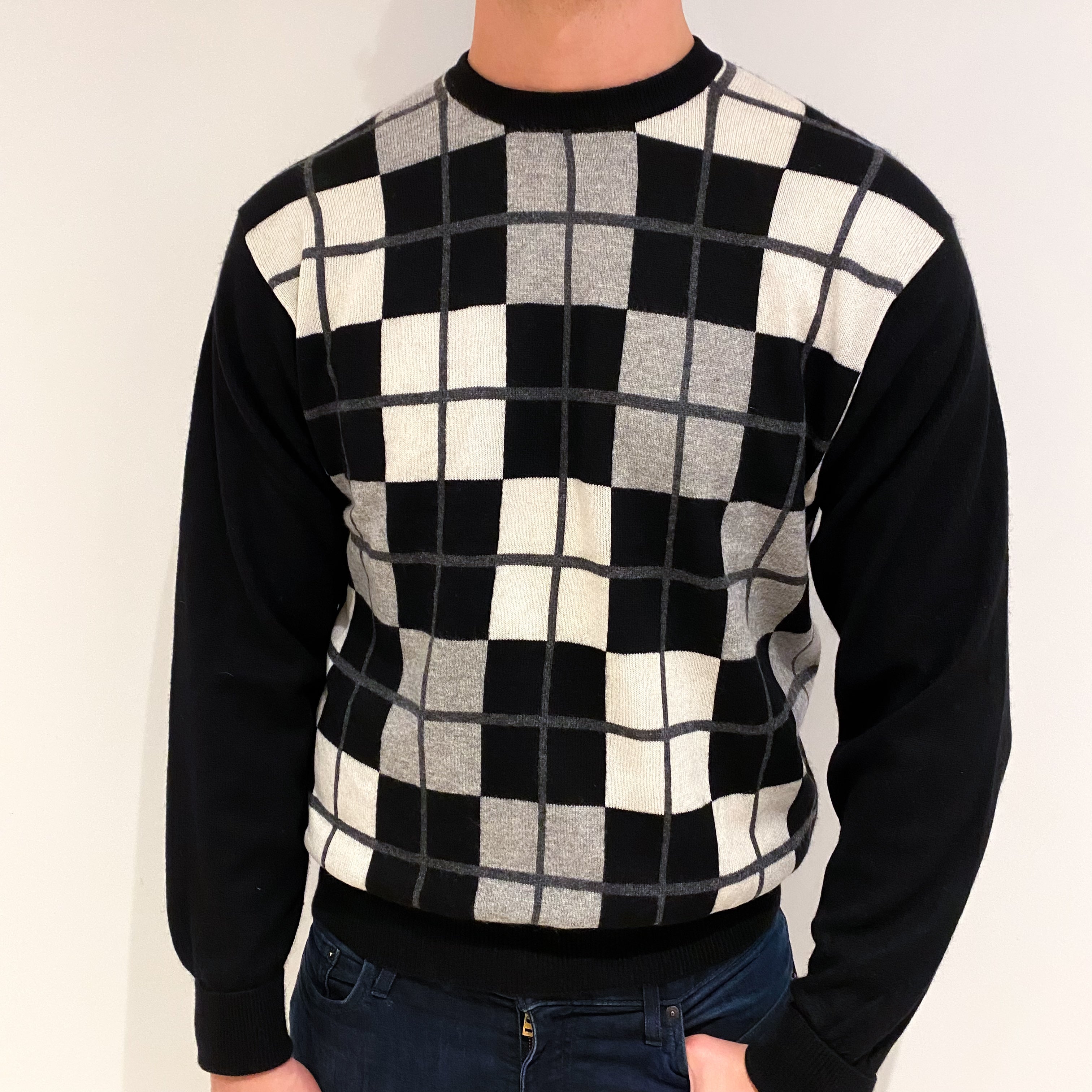 Men's Black Patterned Cashmere Crew Neck Jumper XL