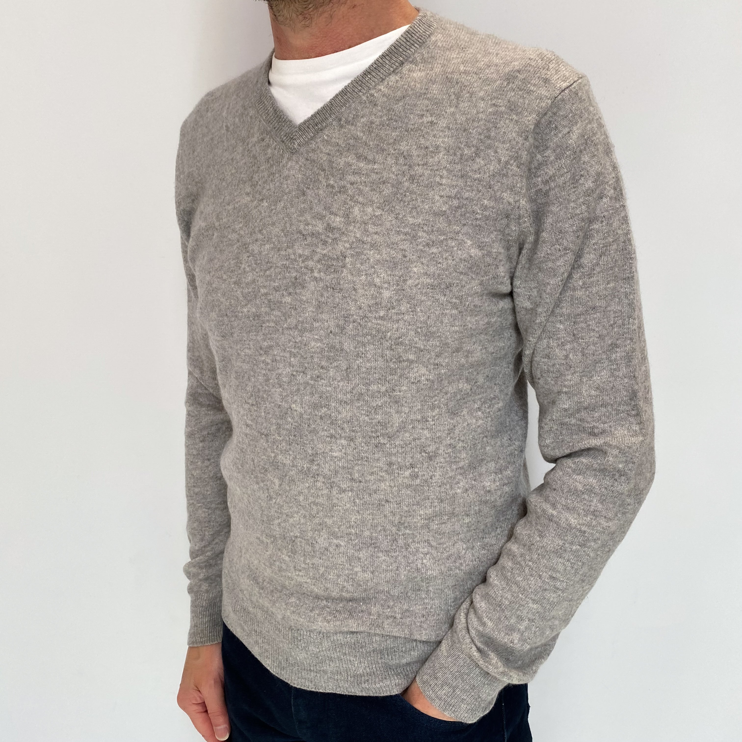 Men's Smoke Grey Cashmere V Neck Jumper Small
