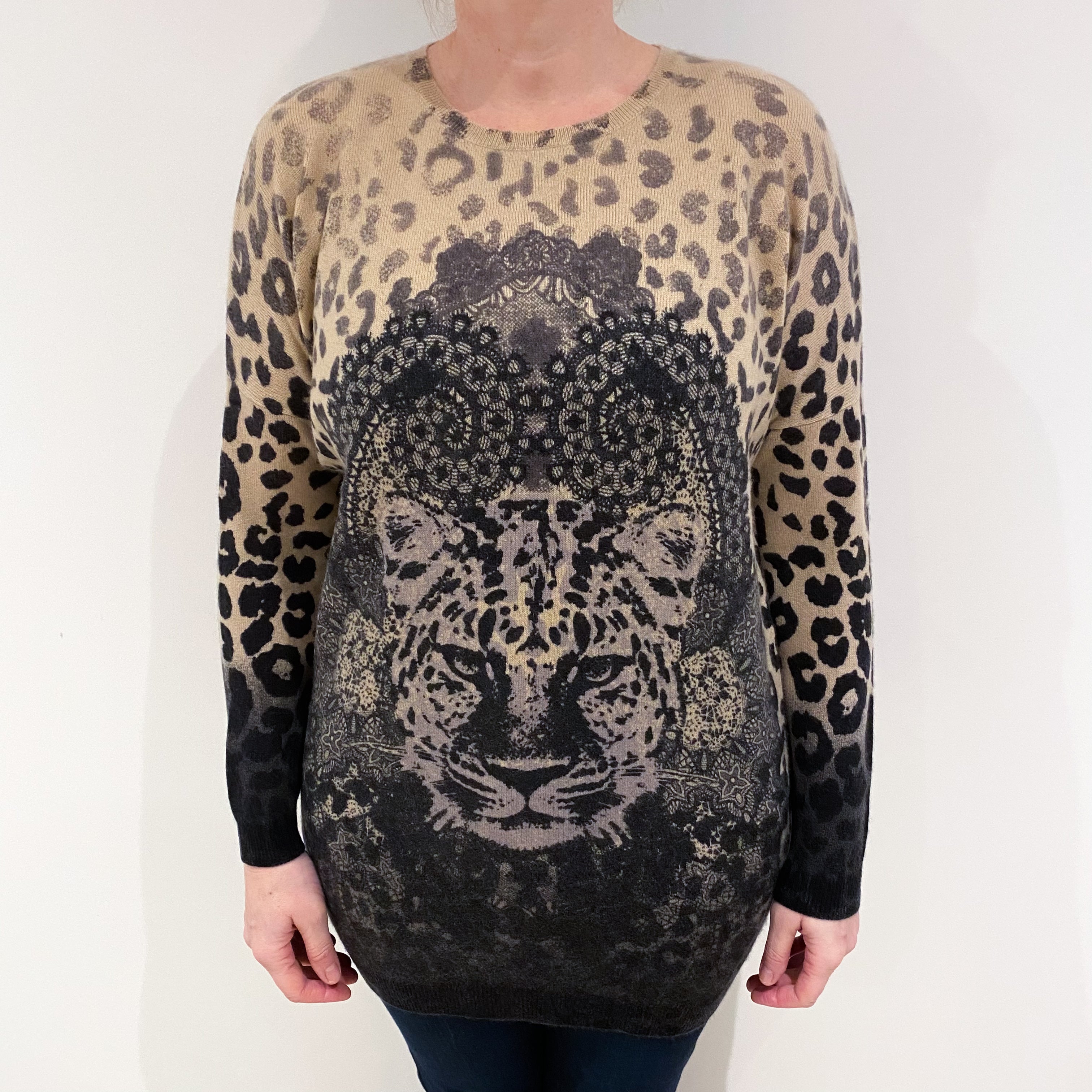 Beige and Charcoal Leopard Cashmere Crew Neck Jumper Large