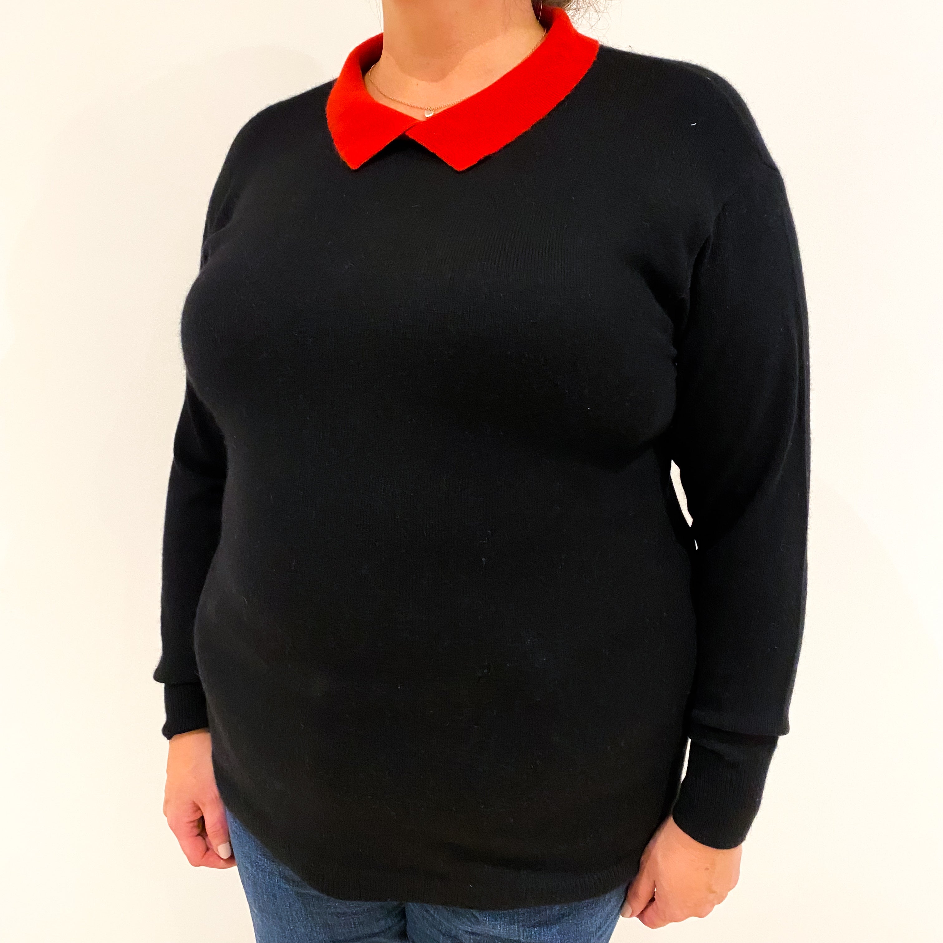 Black Red Collared Cashmere Crew Neck Jumper Extra Large