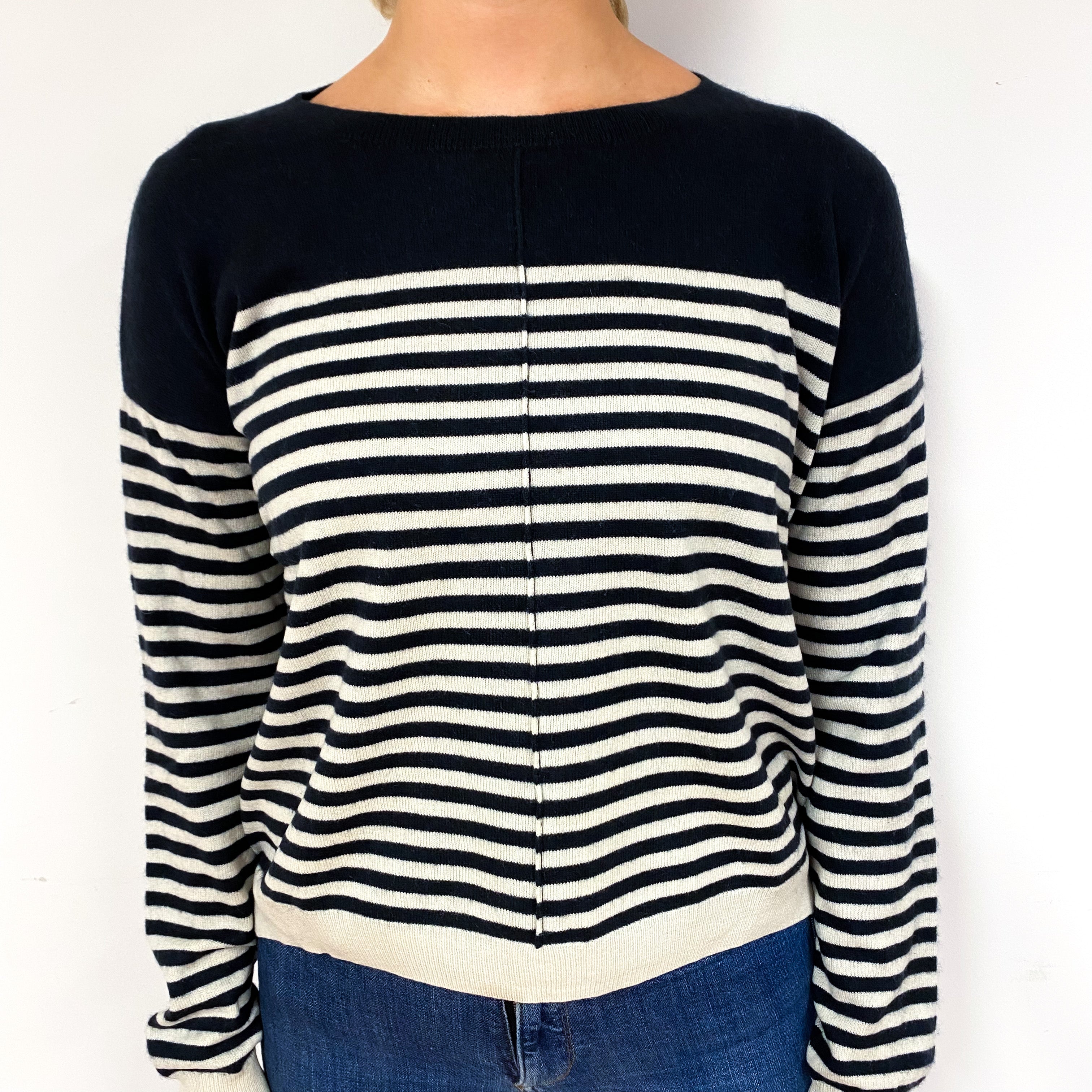 French Navy Ivory Stripe Cashmere Crew Neck Jumper Small