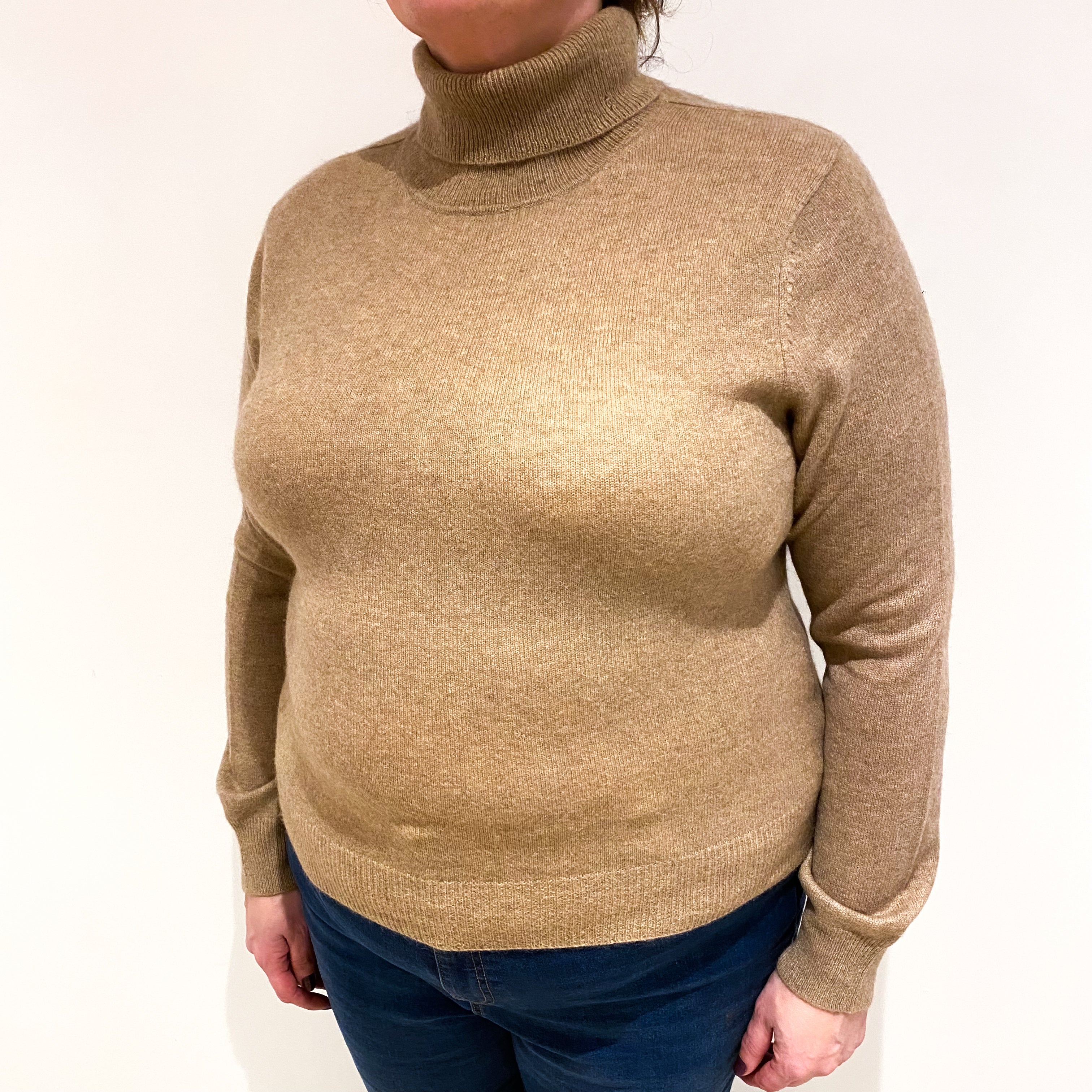 Taupe Brown Cashmere Polo Neck Jumper Extra Large