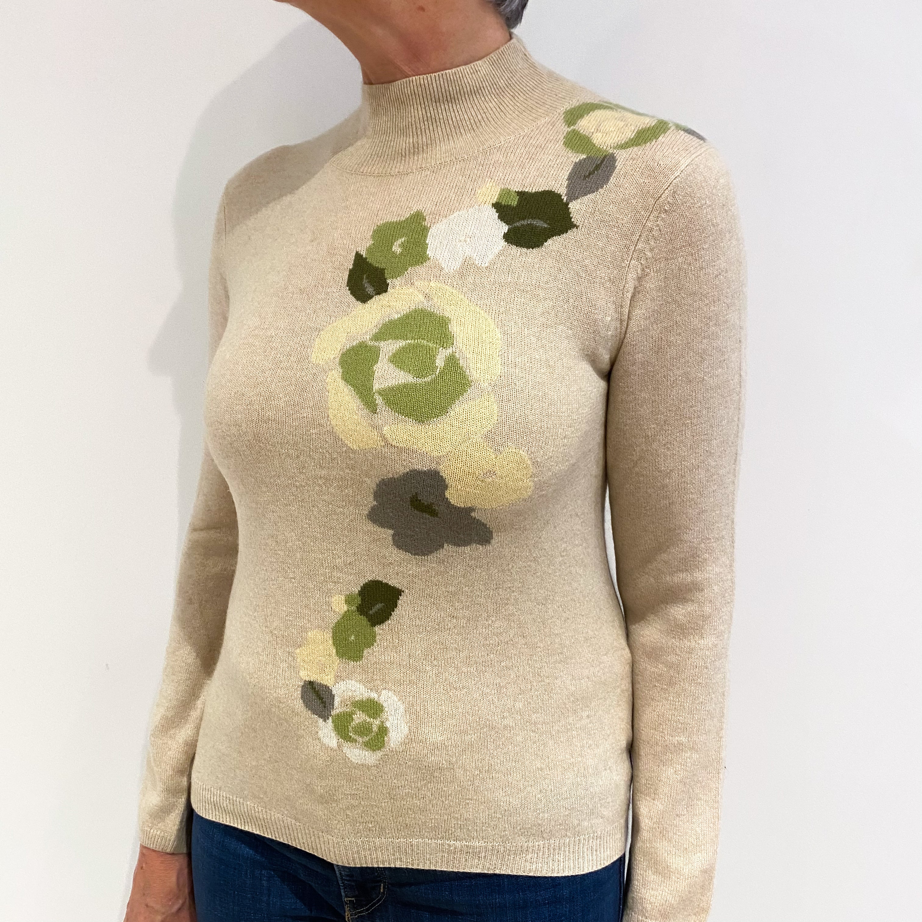 Oatmeal Beige Cashmere Funnel Neck Jumper Medium