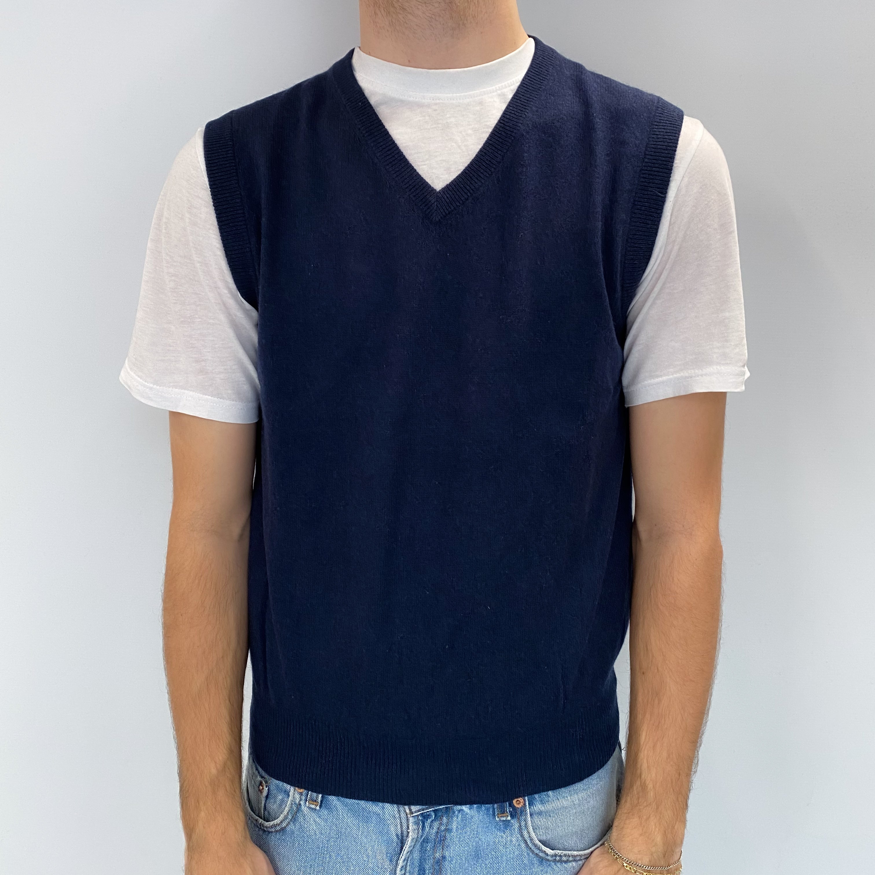 Men's Navy Blue Cashmere V Neck Jumper Large