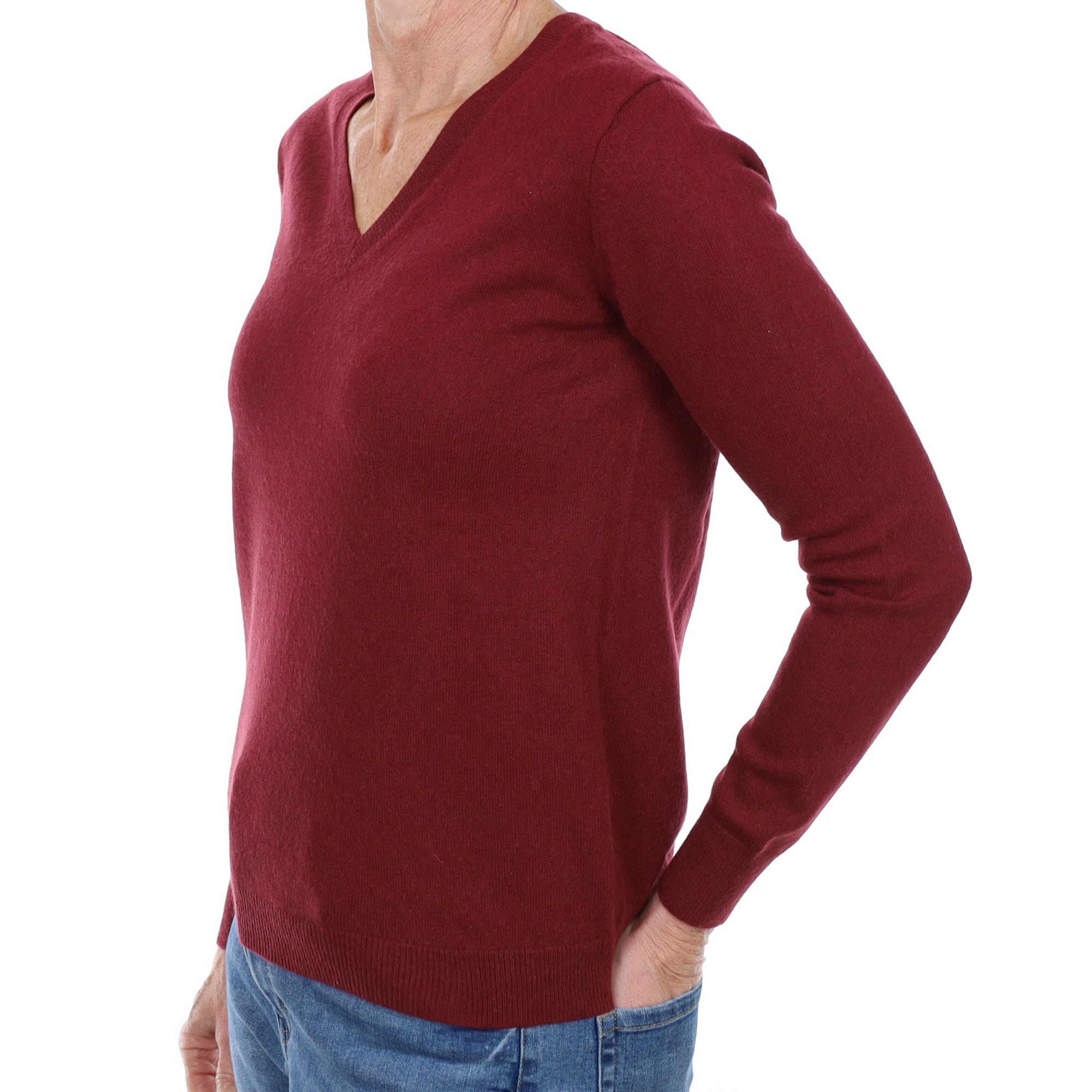 Burgundy Red Cashmere V Neck Jumper Small