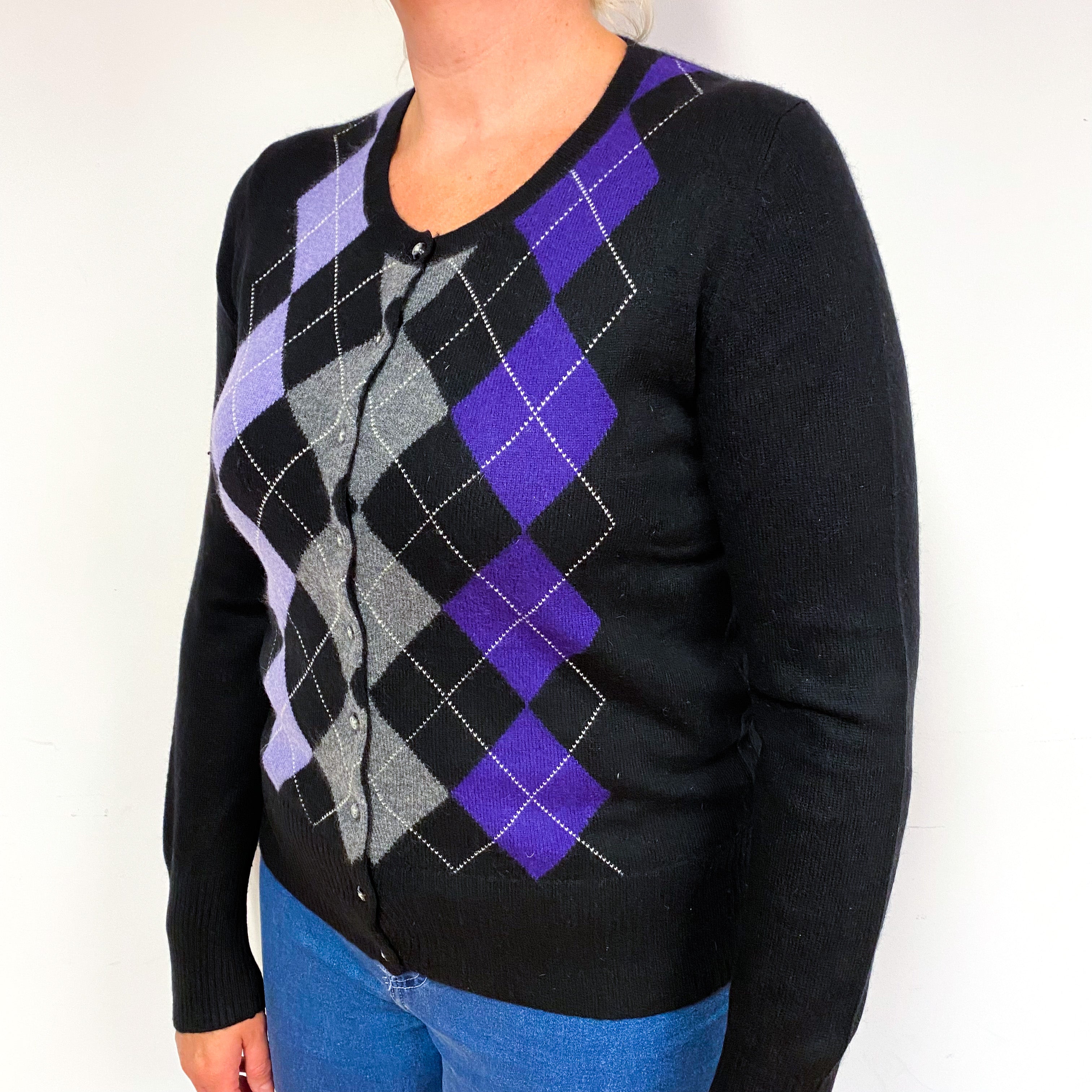 Black Purple Argyle Cashmere Crew Neck Cardigan Large