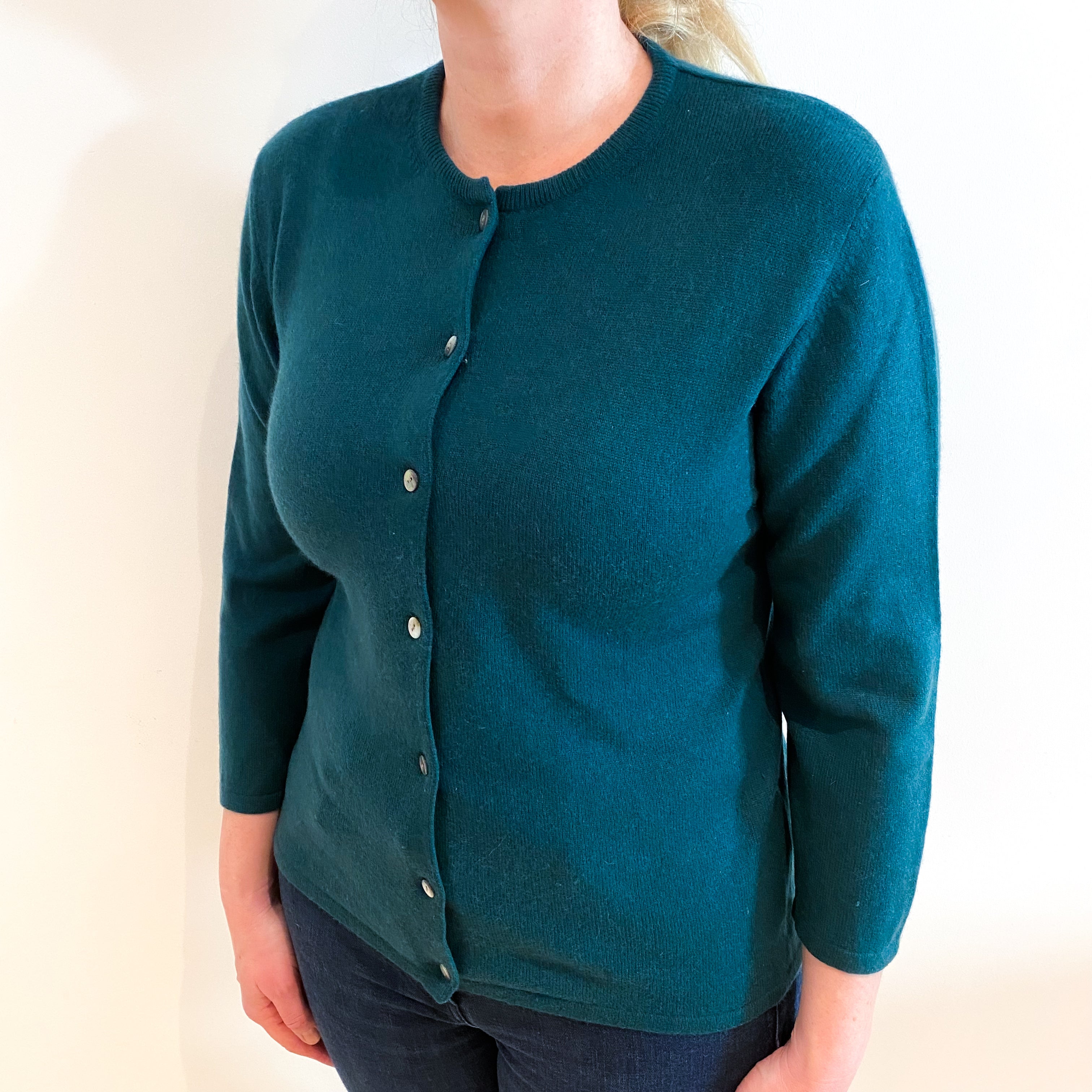 Dark Forest Green Cashmere Crew Neck Cardigan Large