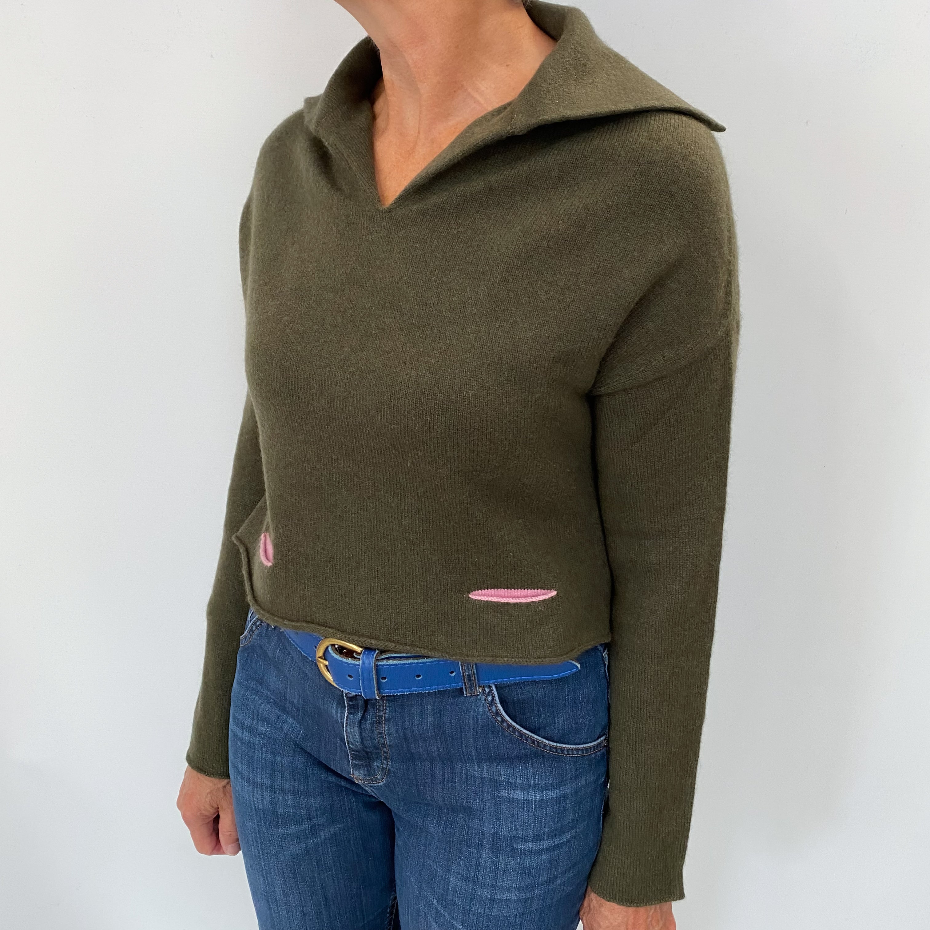 Scottish Deep Khaki Green Cashmere Collared V Neck Jumper Medium