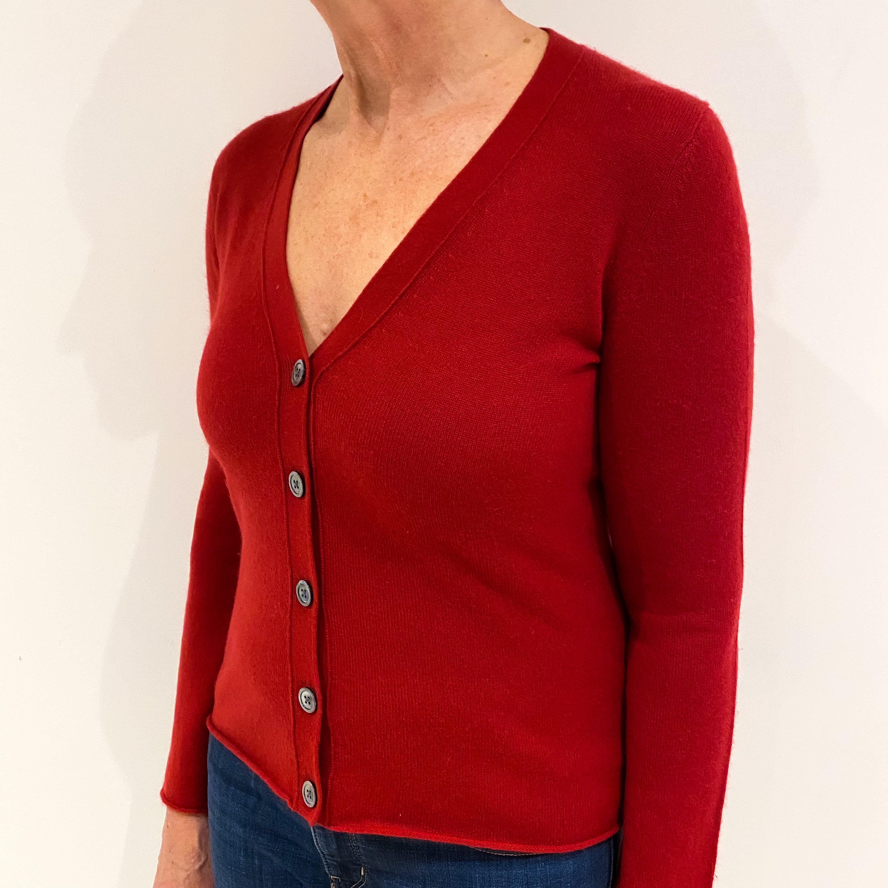 Crimson Red Cashmere Low V Neck Cardigan Medium