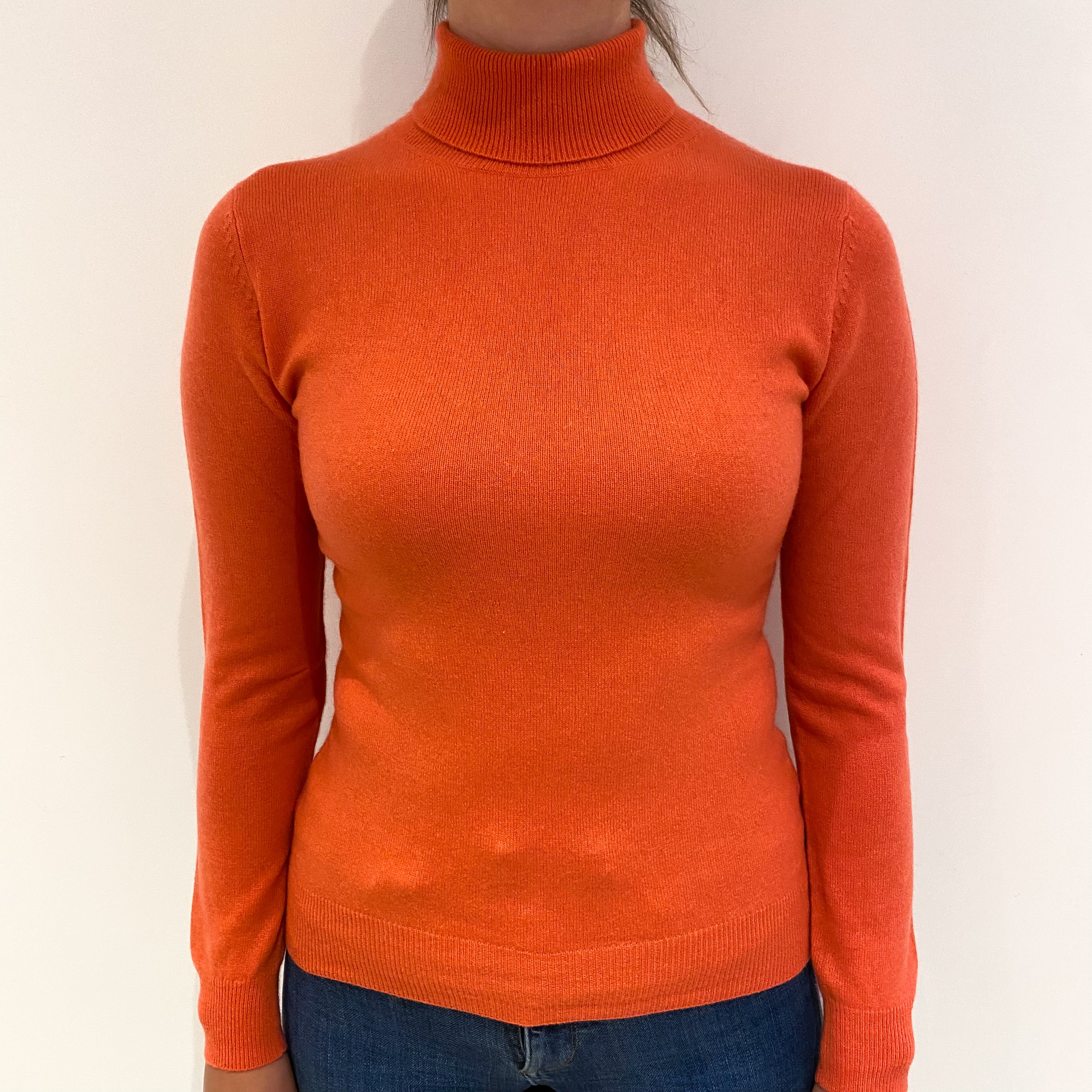 Coral Orange Cashmere Polo Neck Jumper Small
