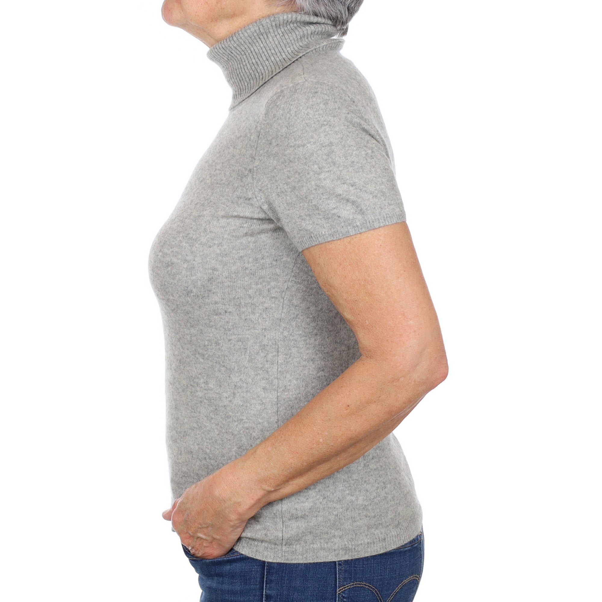 Smoke Grey Cashmere Polo Neck Short Sleeved Jumper Medium