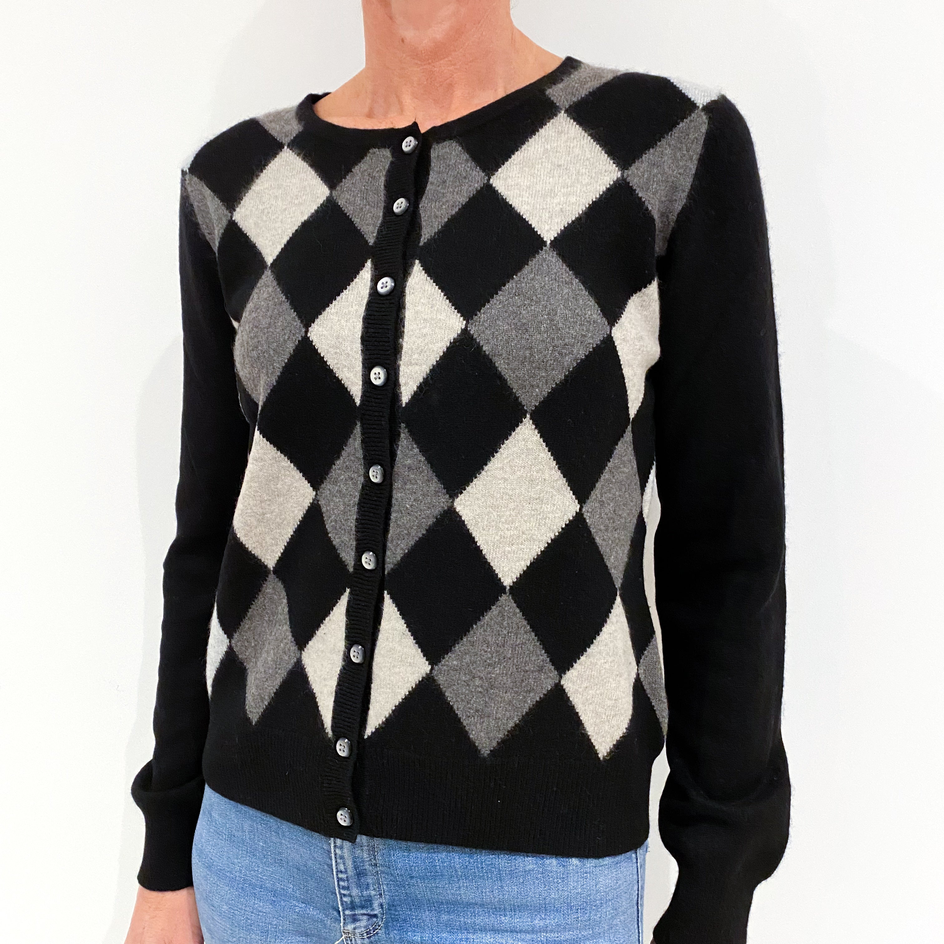 Black/Grey Cashmere Crew Neck Cardigan Small