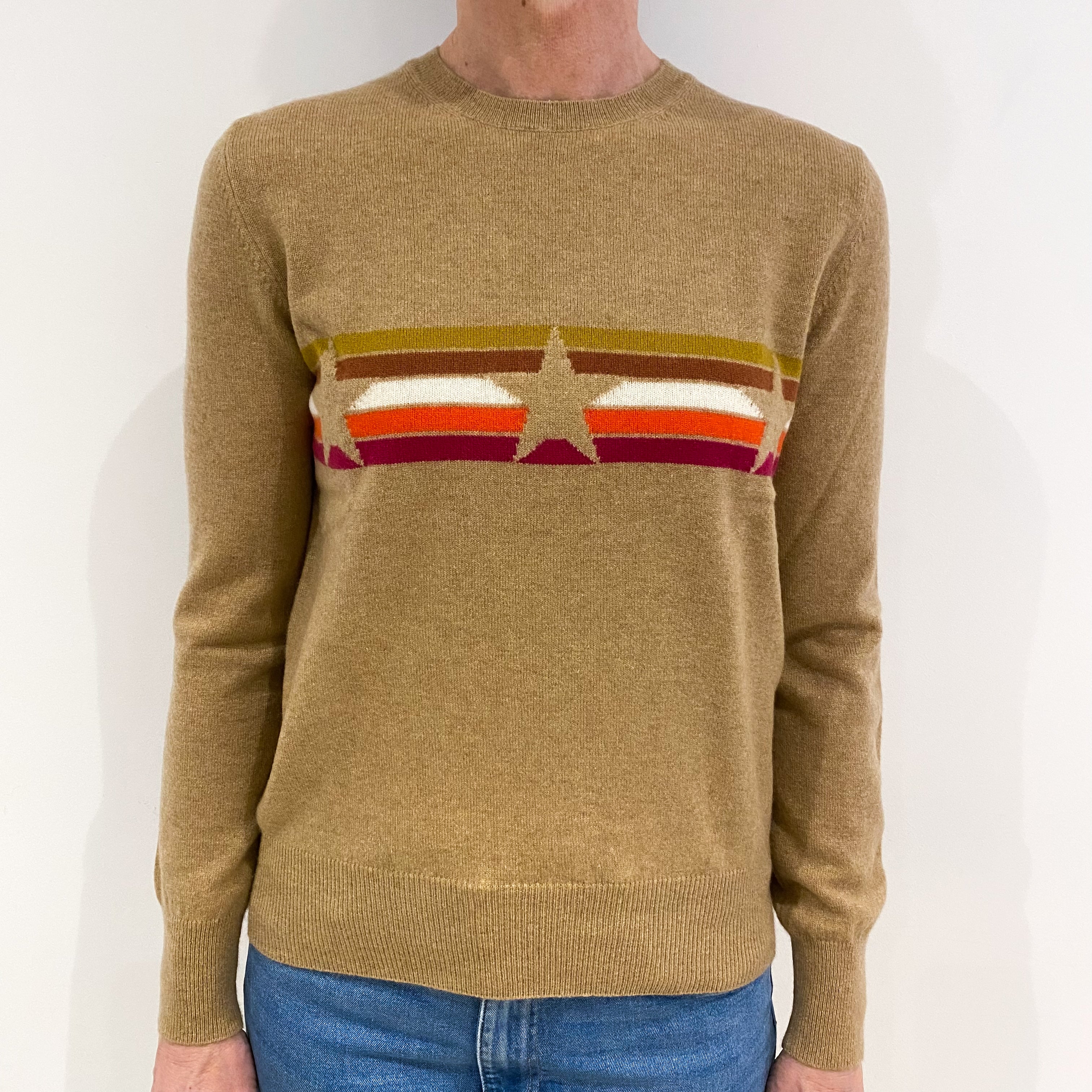 Camel Brown Star and Striped Pattern Cashmere Crew Neck Jumper Small