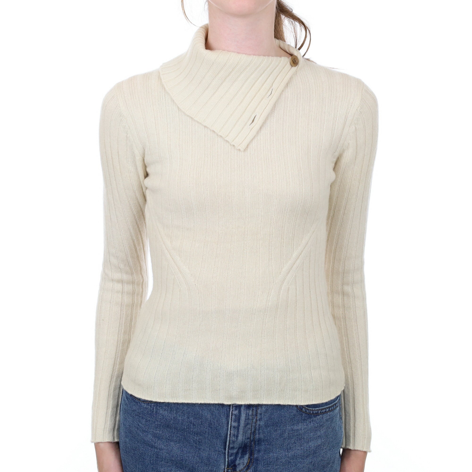 Cream Rib Cashmere Split Polo Neck Jumper Extra Small