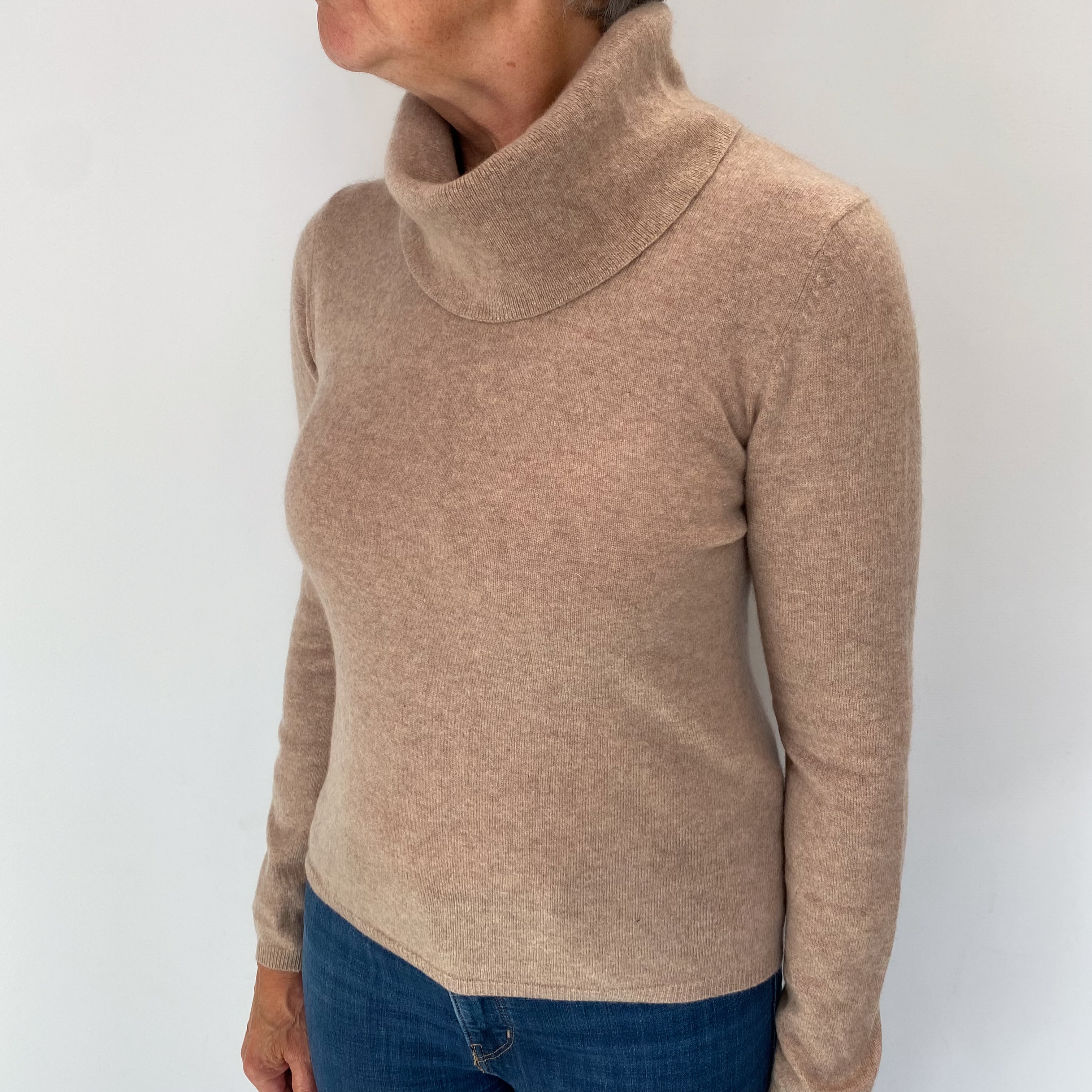 Biscuit Brown Cashmere Cashmere Polo Neck Jumper Medium