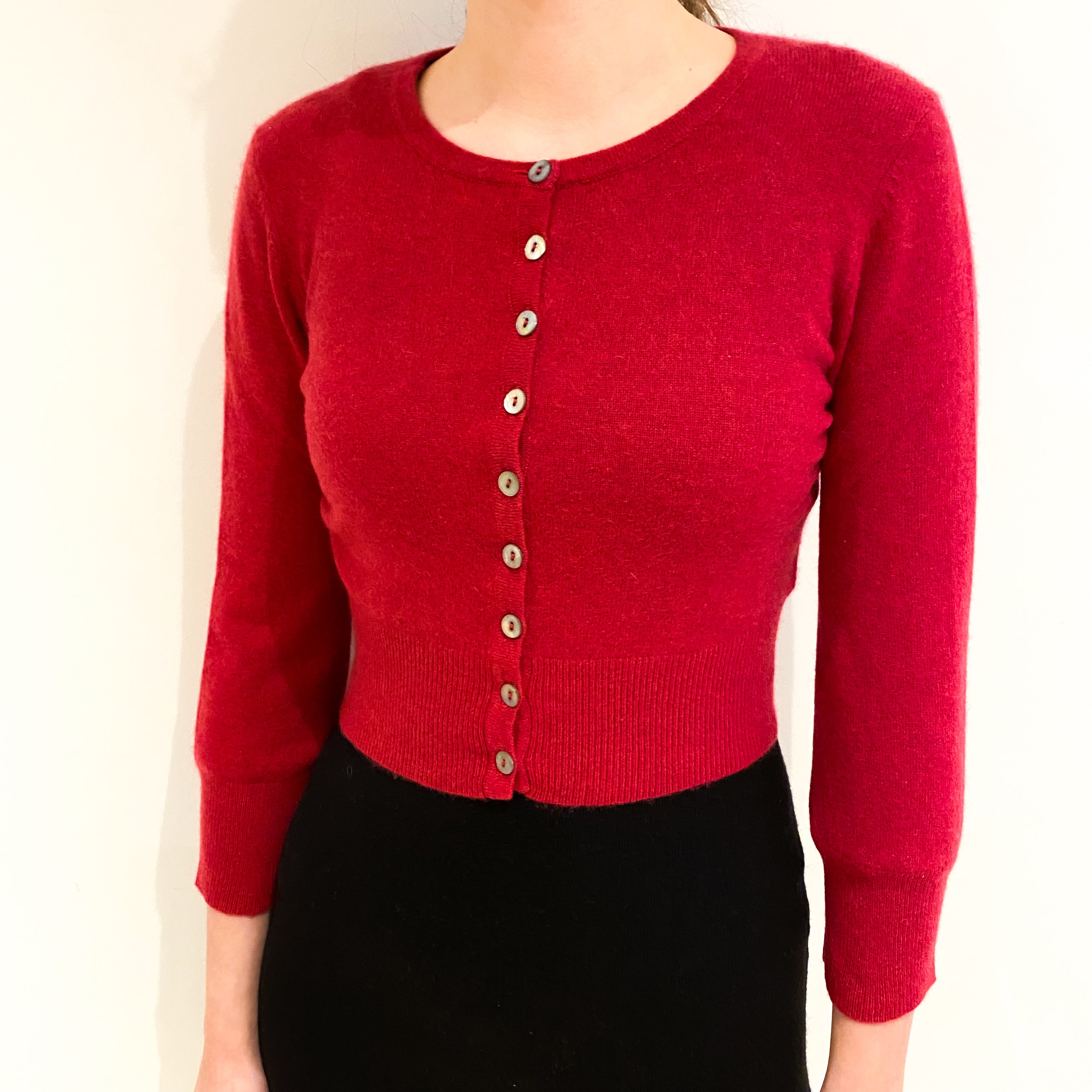 Crimson Red Cashmere Crew Neck Cardigan Extra Small