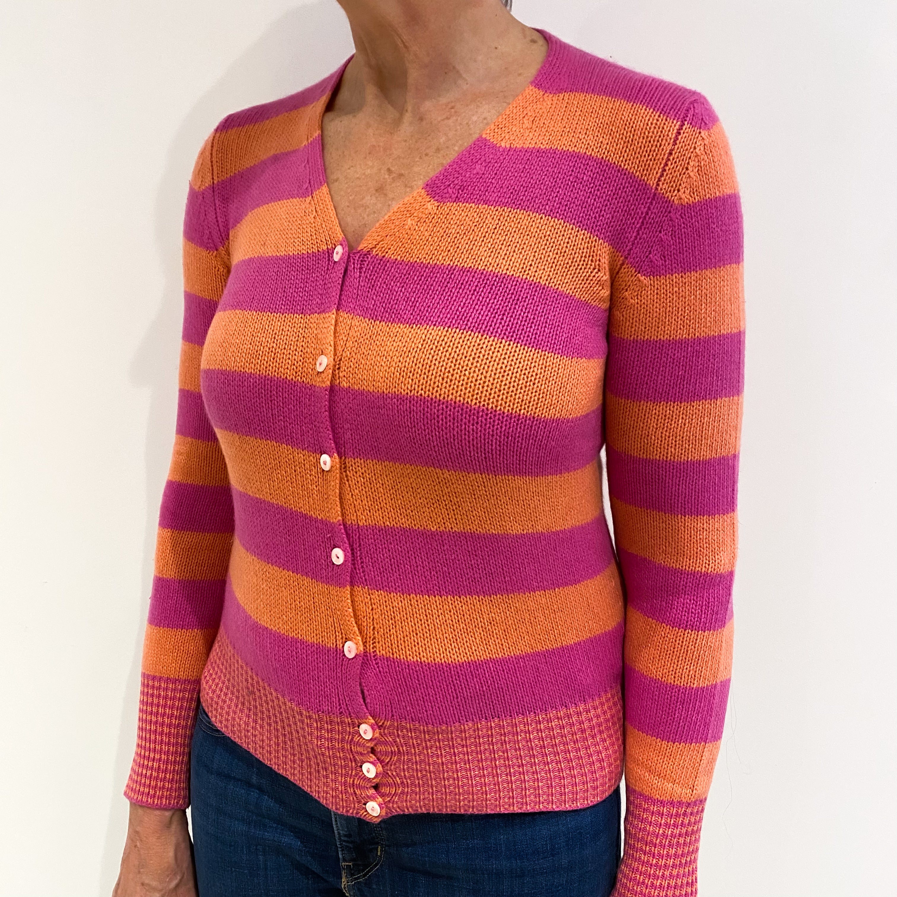 Tulip Pink and Orange Stripe Cashmere V - Neck Cardigan Medium