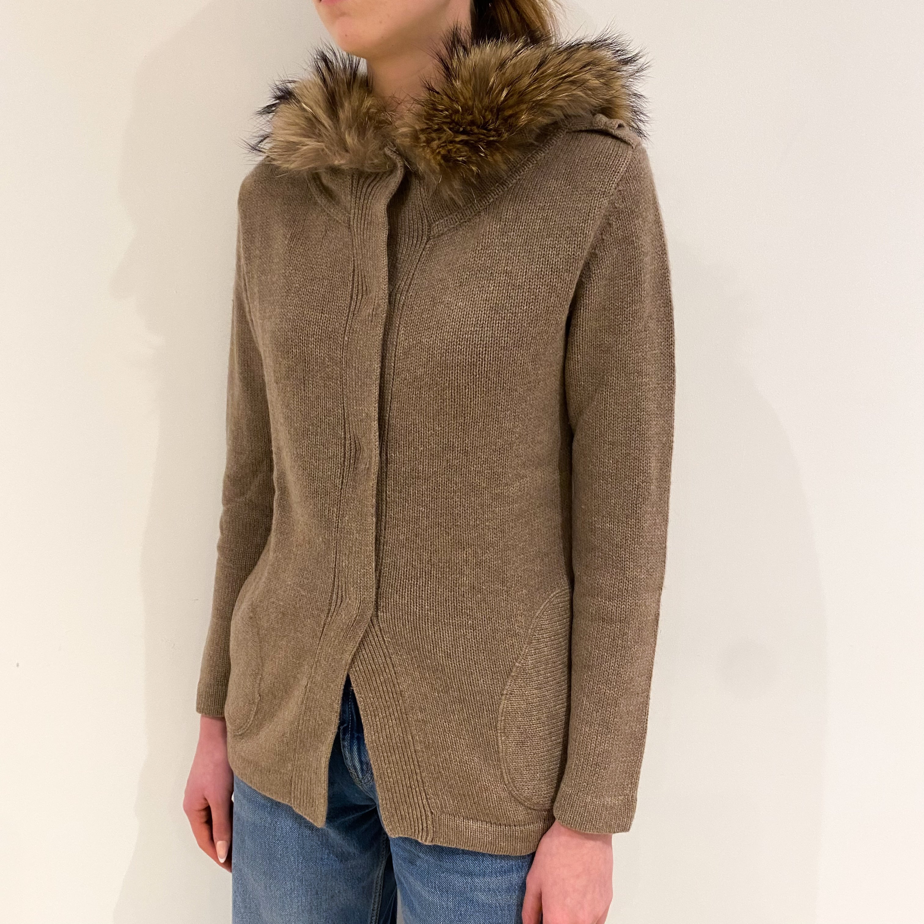 Mocha Brown Cashmere Fur Trimmed Hooded Cardigan with Pockets Extra Small
