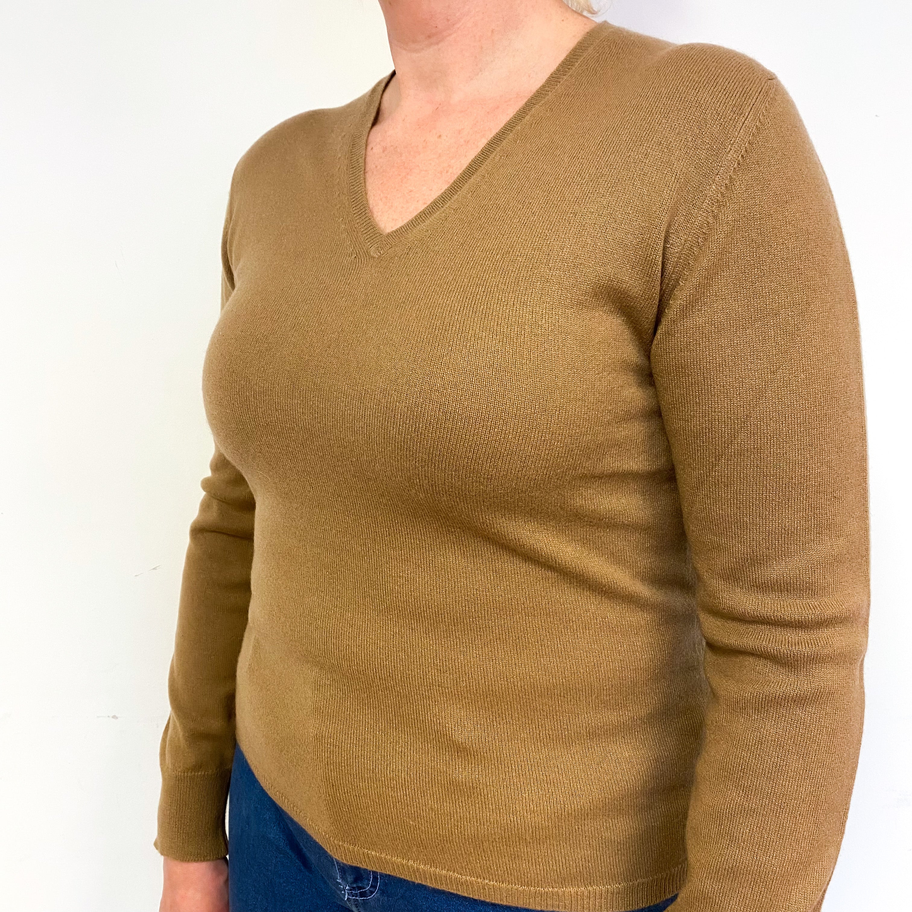 New Scottish Camel Brown Cashmere V-Neck Jumper Large