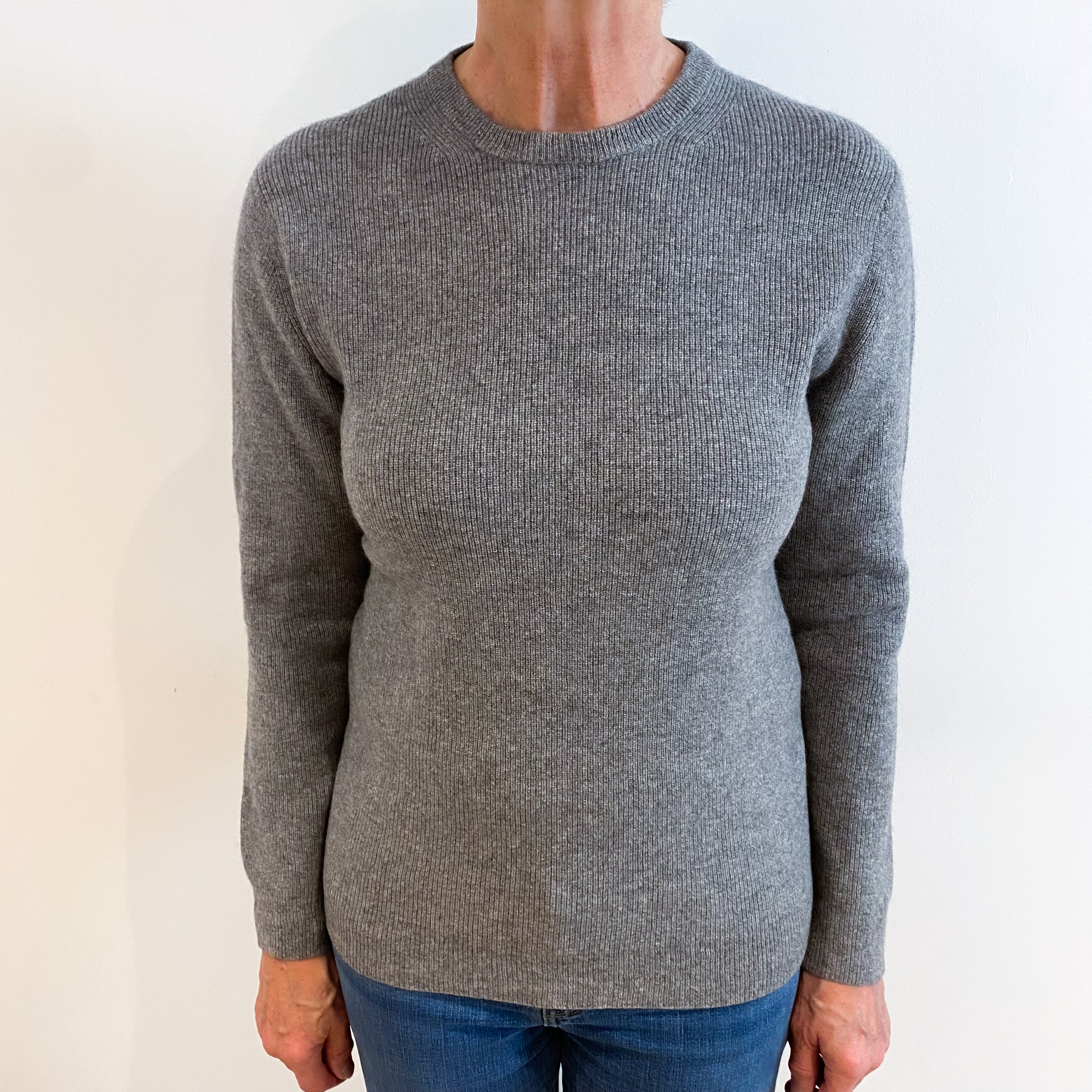 Ash Grey Cashmere Crew Neck Textured Knit Jumper Medium