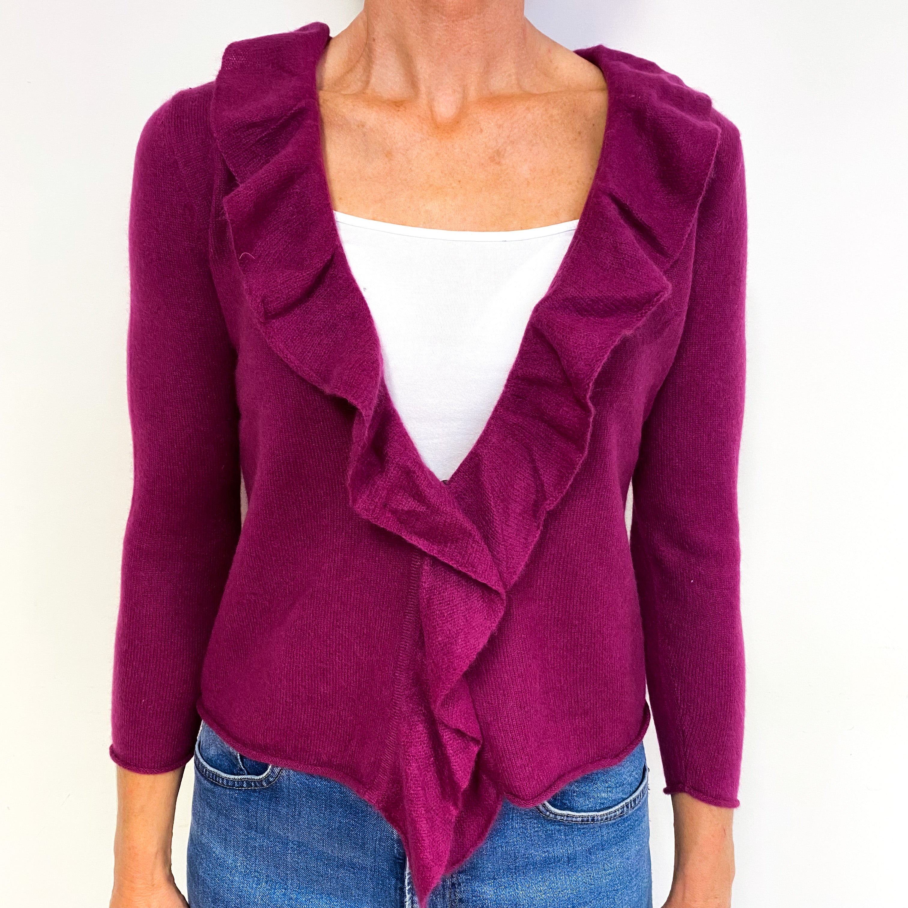 Plum Purple Cashmere Ruffle V-Neck Cardigan Medium