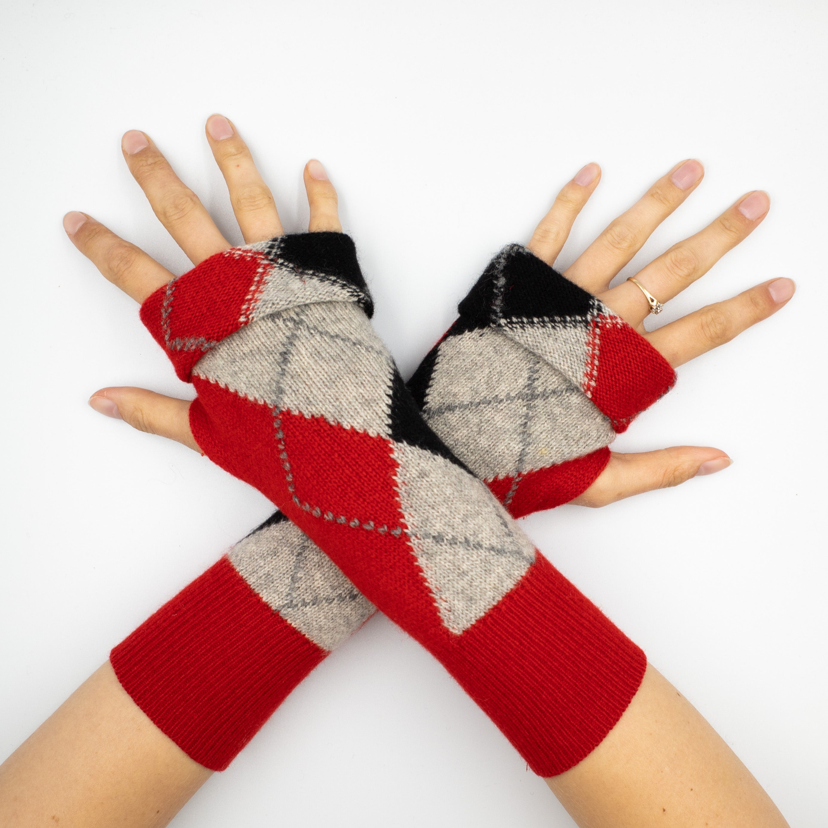 Red Black and Grey Diamond Fingerless Gloves