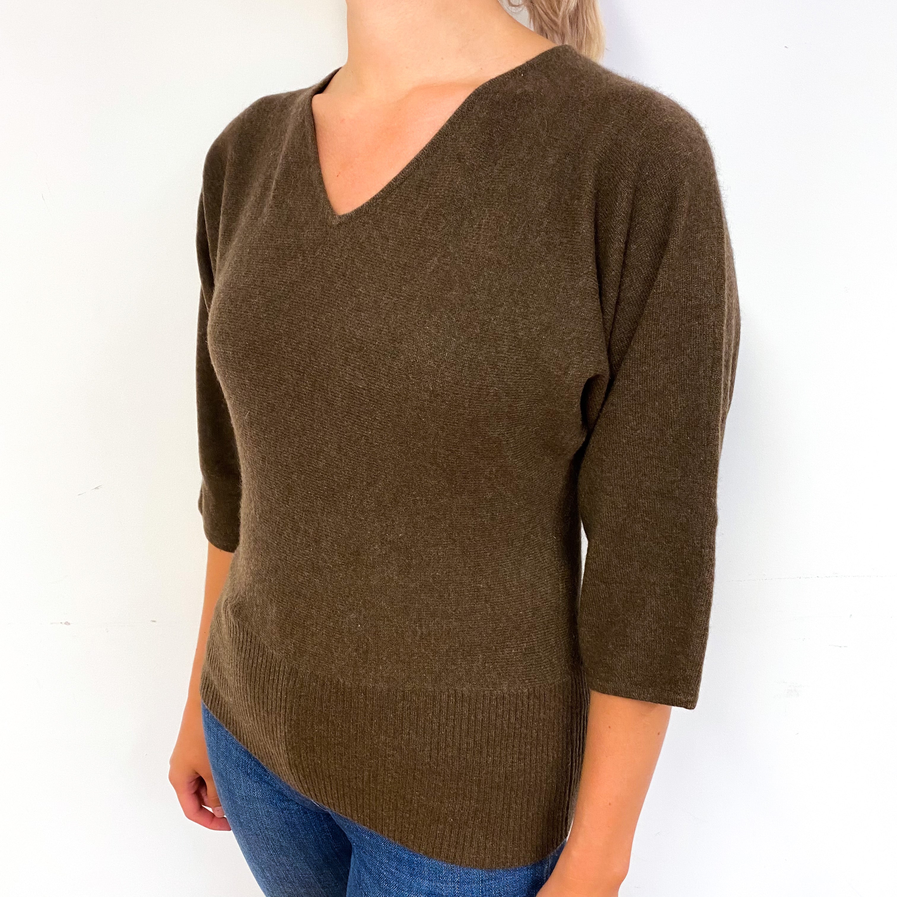Mole Brown Batwing Cashmere V-Neck Jumper Small
