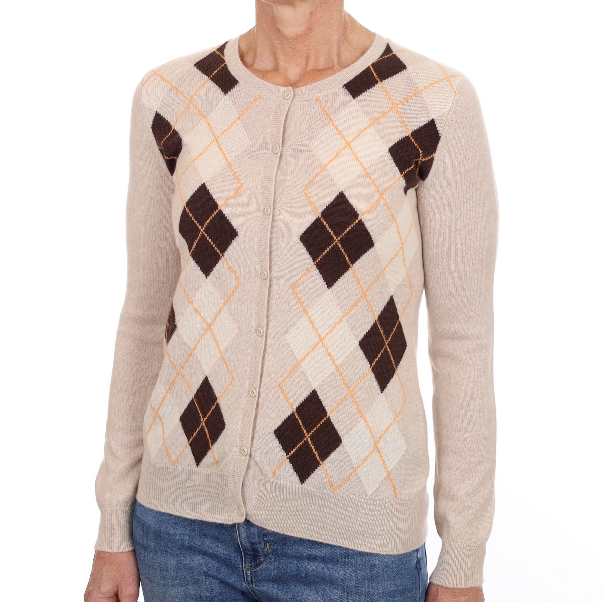 Oatmeal Beige Argyle Cashmere Crew Neck Cardigan Small
