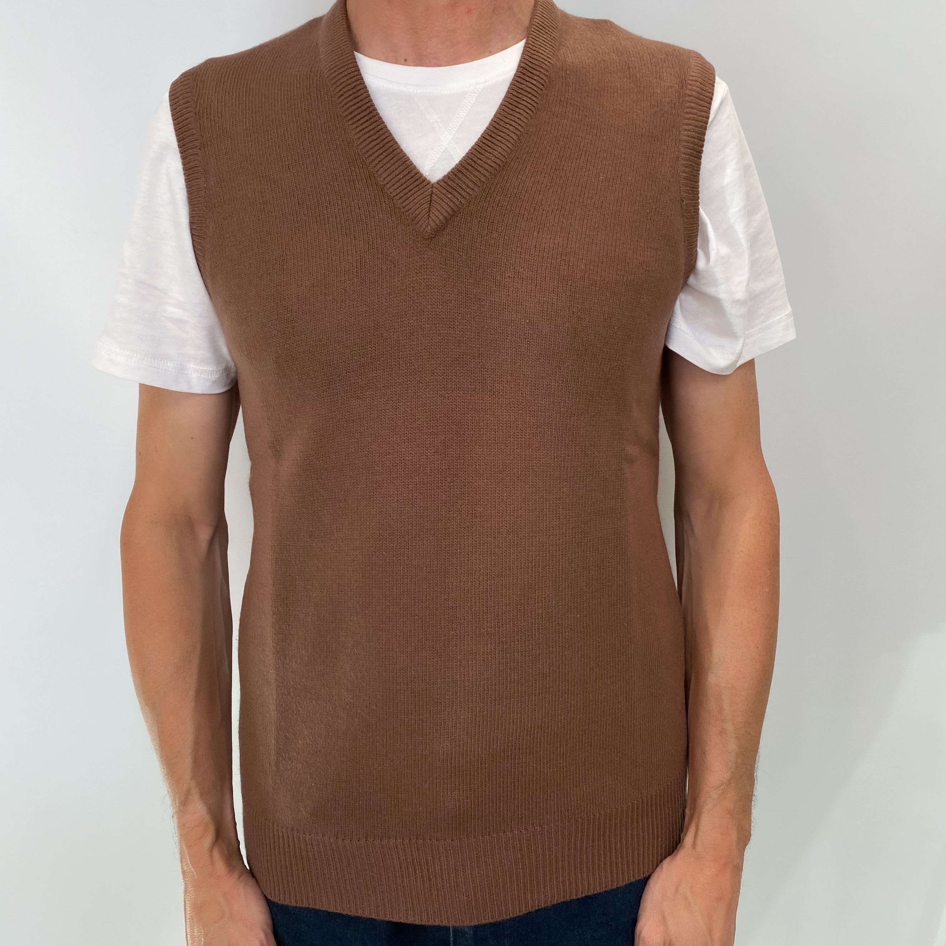 Rust Brown Men's Cashmere V Neck Sleeveless Jumper Small