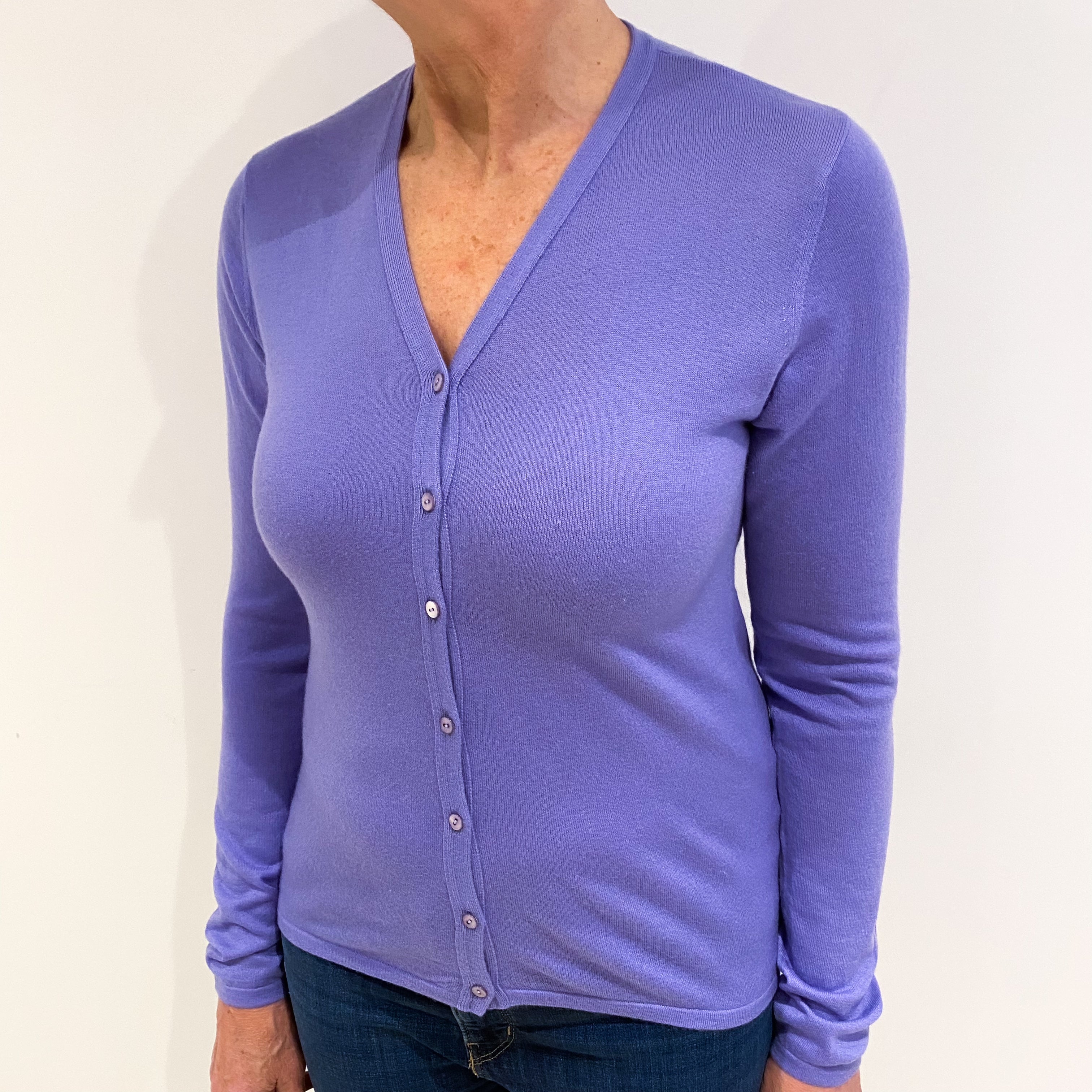 Lavender Purple Fine Knit Cashmere V Neck Cardigan Medium