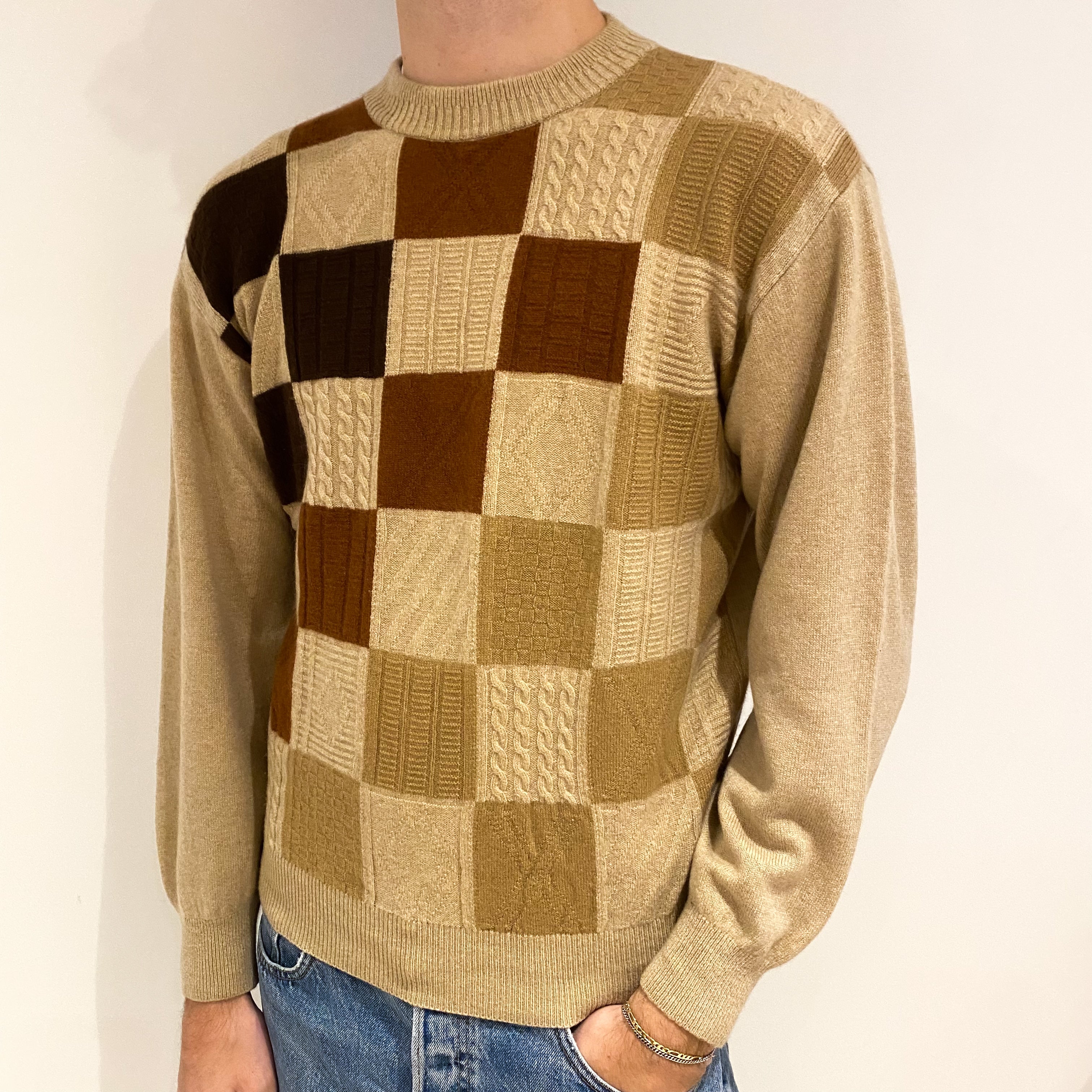Men's Caramel Brown Patchwork Cashmere Crew Neck Jumper Large