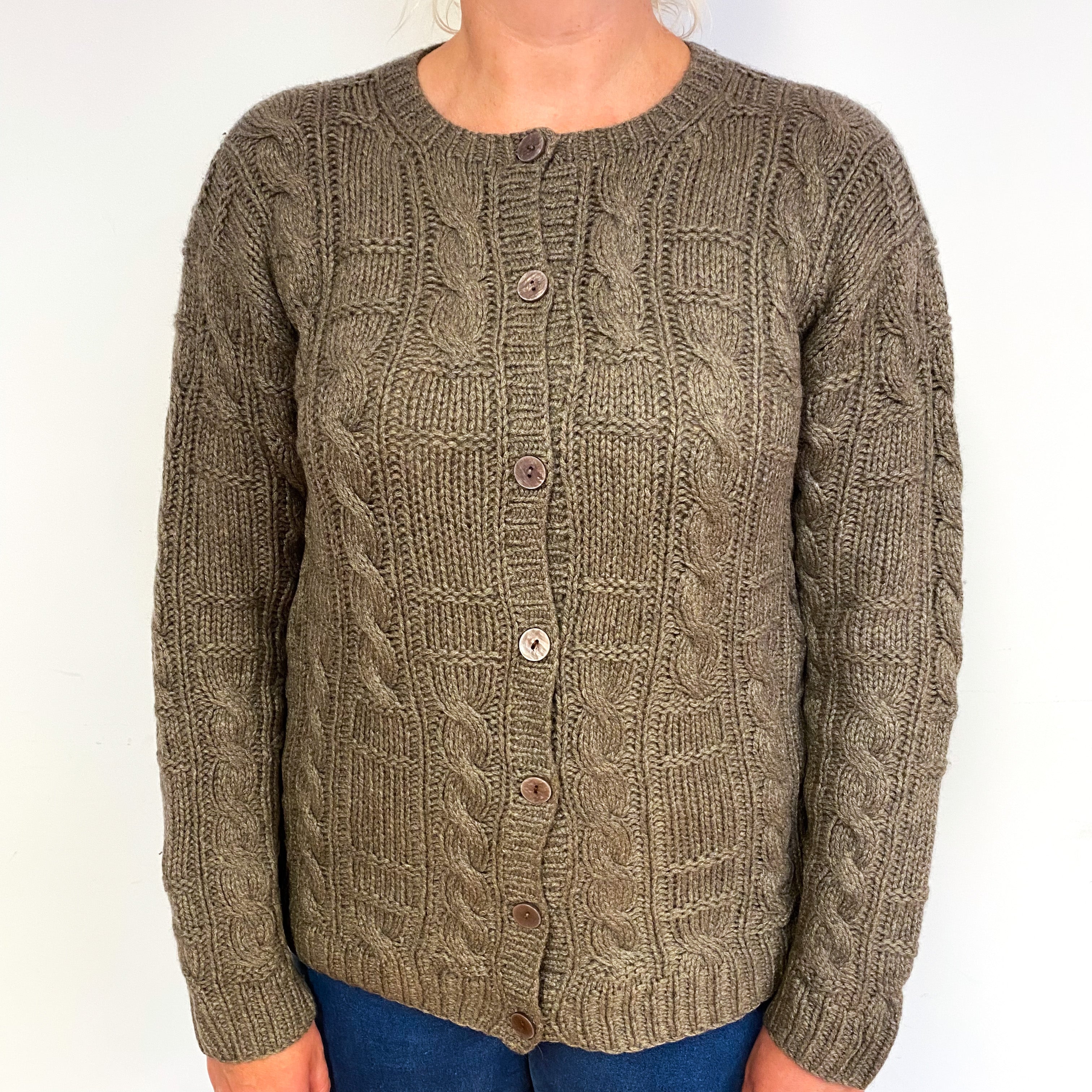 Mocha Brown Chunky Cashmere Crew Neck Cardigan Large