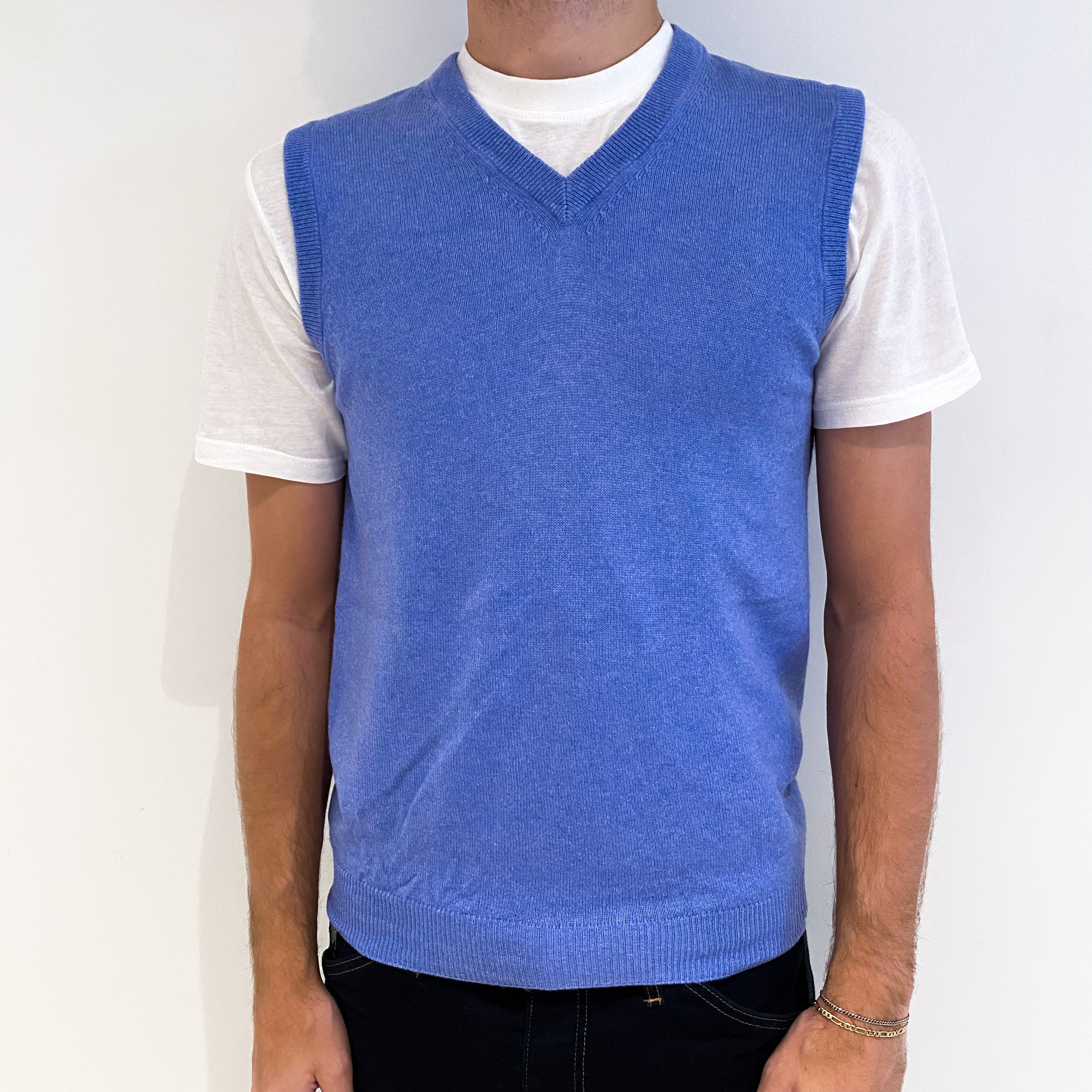 Men's Sky Blue Cashmere V-Neck Tank Top Medium