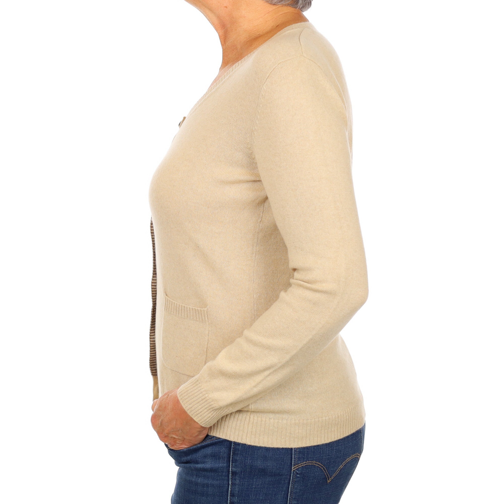 Sand Beige Cashmere Scoop Neck Cardigan Medium