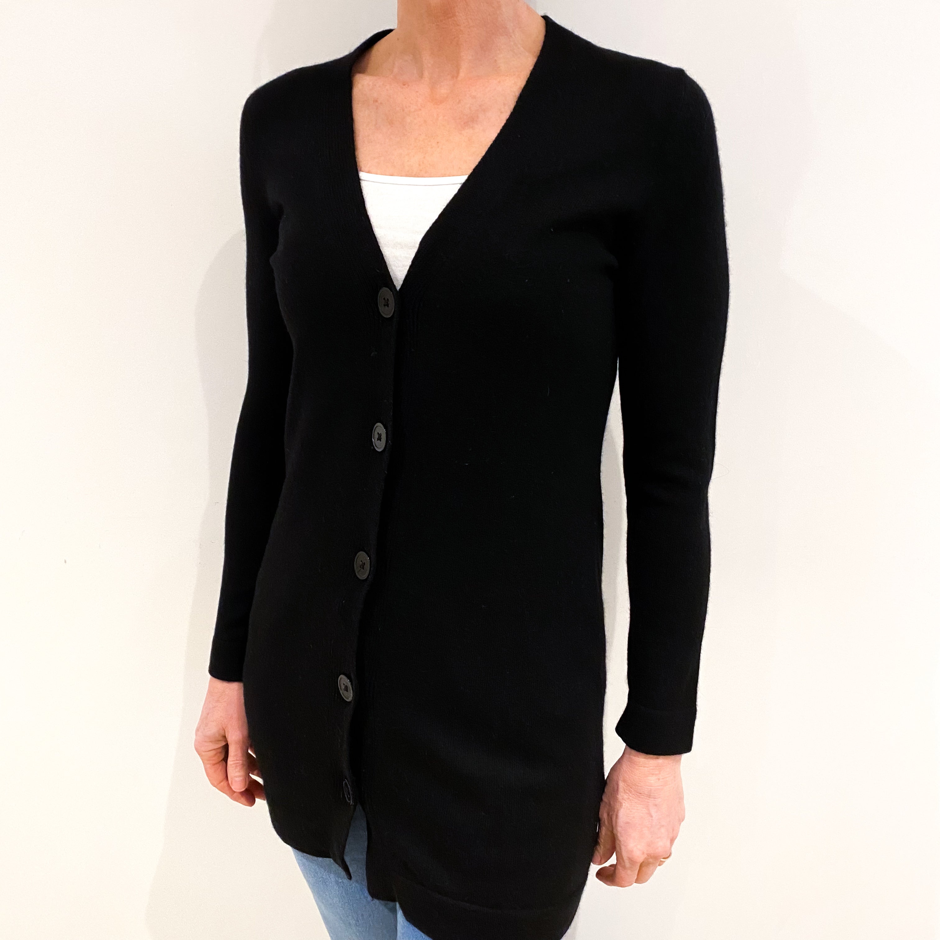 Black Longline Cashmere V Neck Cardigan Small