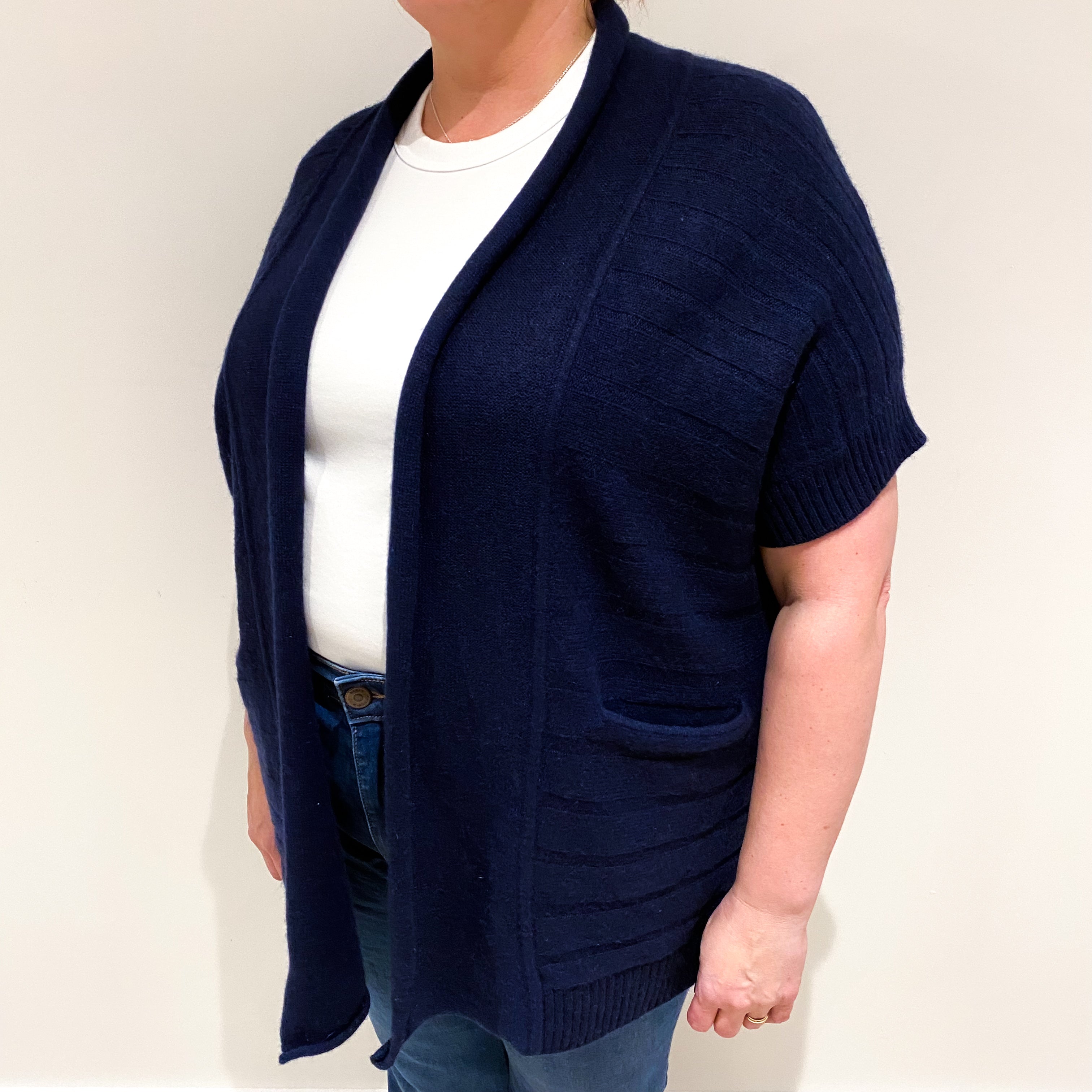 Navy Blue Cashmere Short Sleeved Edge to Edge Cardigan Extra Large