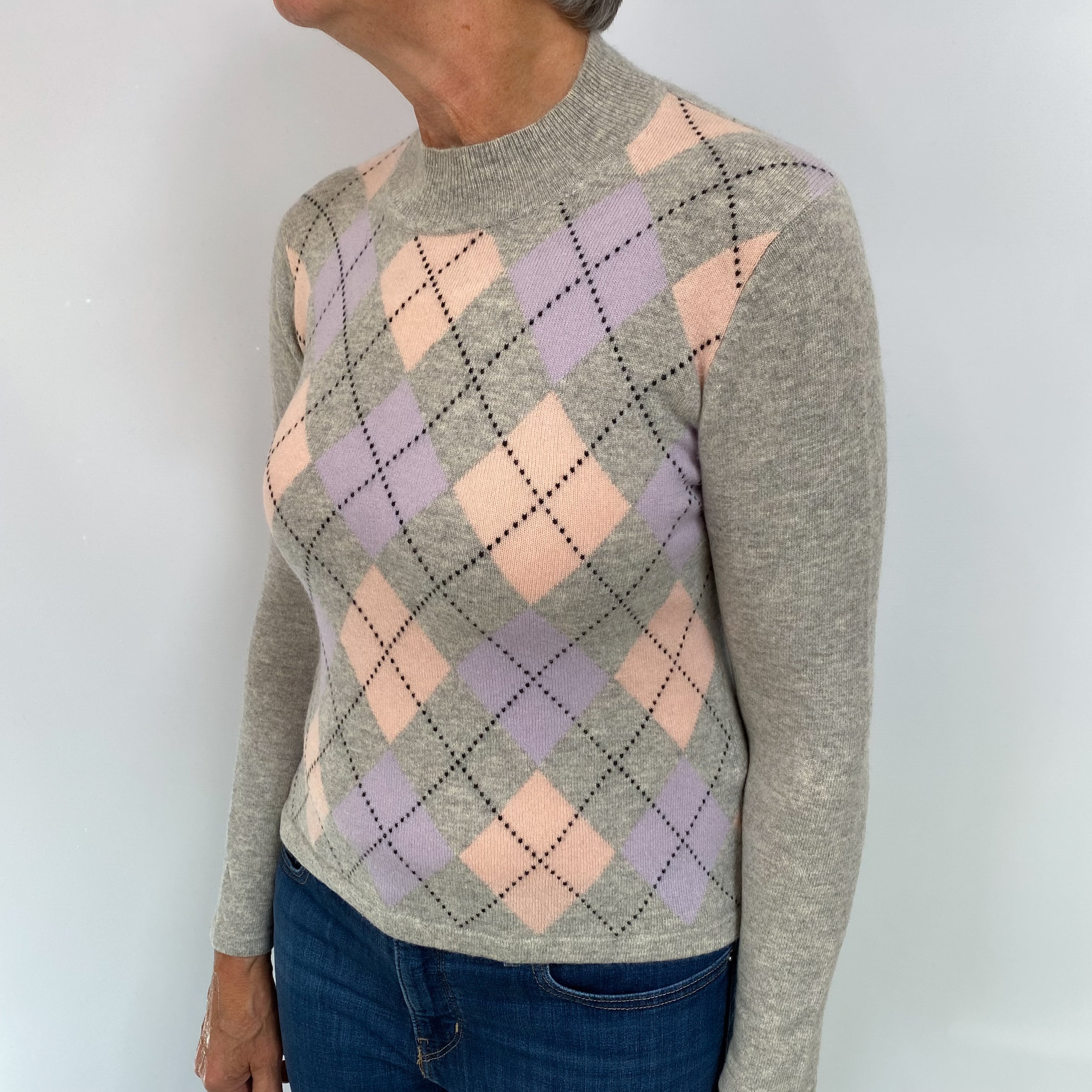Grey and Pink Diamond Cashmere Turtle Neck Jumper Medium