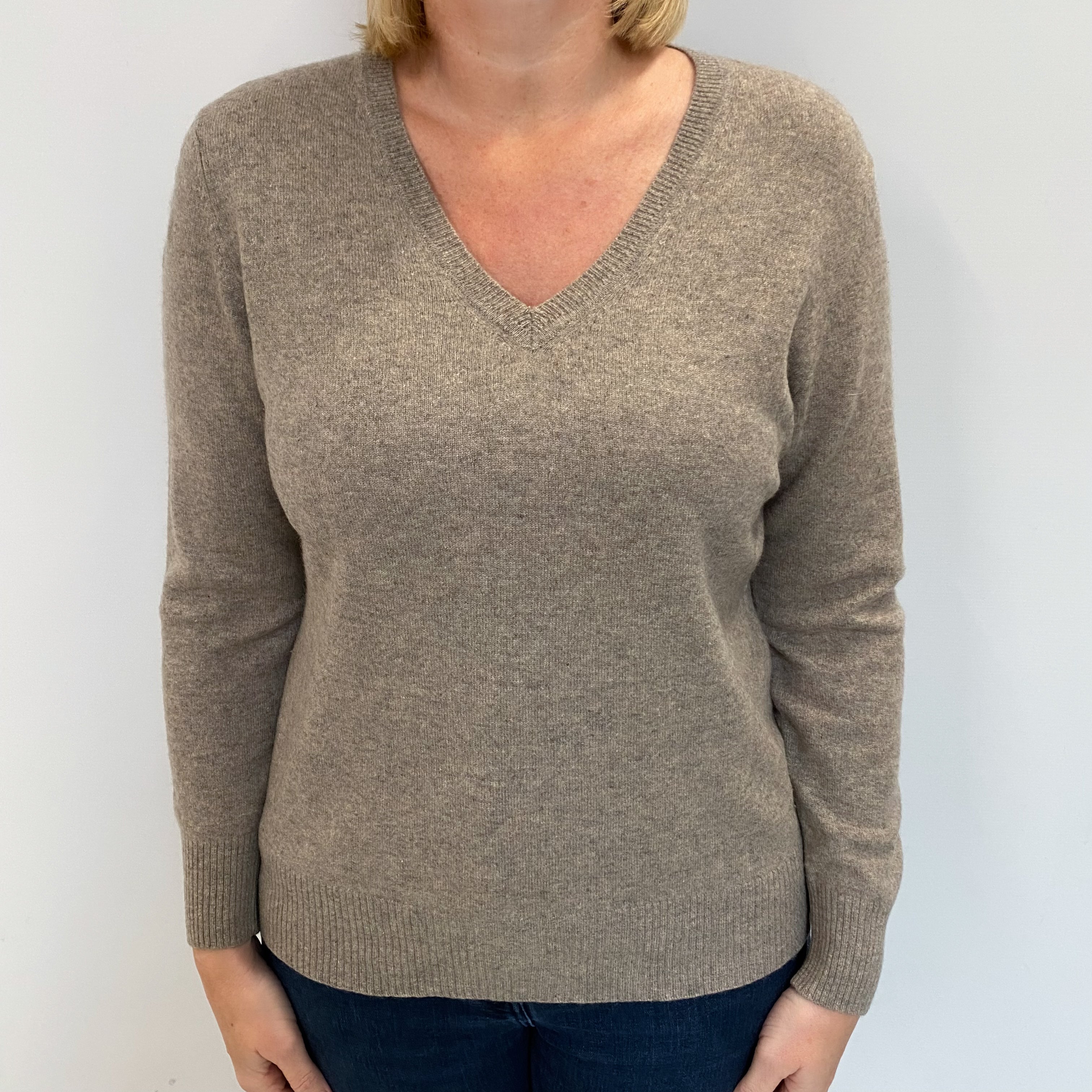 Fawn Brown Cashmere V Neck Jumper Large