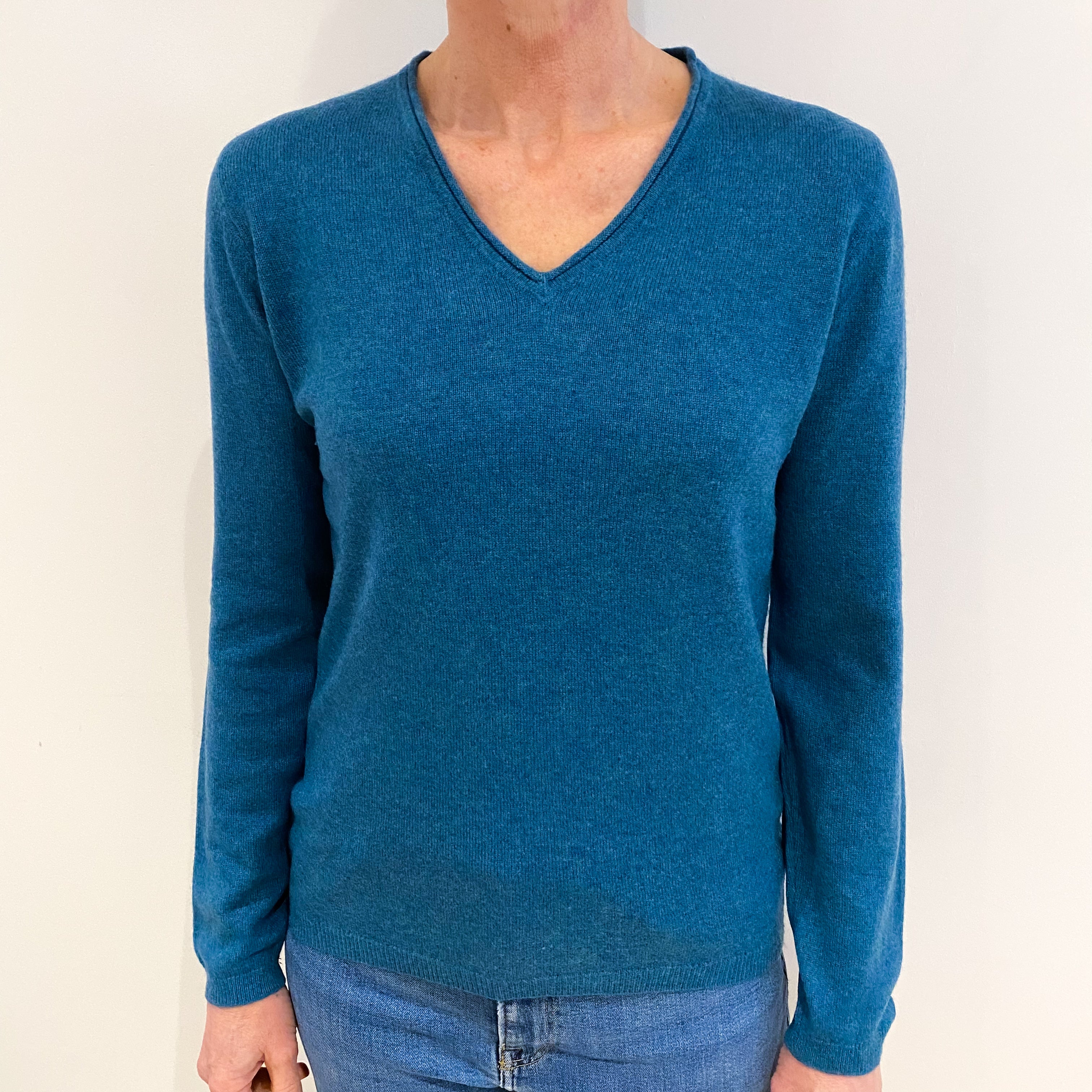 Teal Green Cashmere V Neck Jumper Small