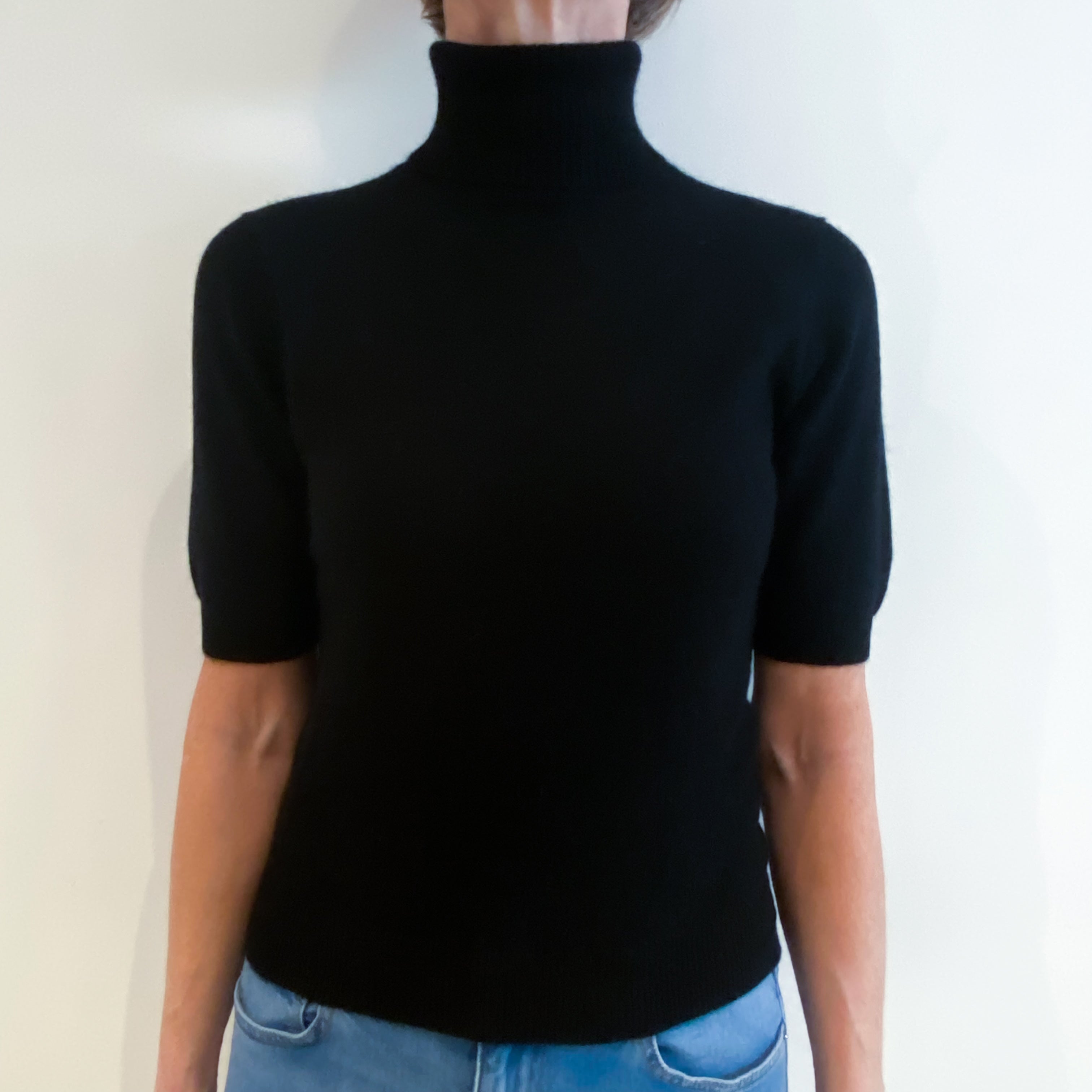 Black Cashmere Short Sleeved Polo Neck Jumper Small