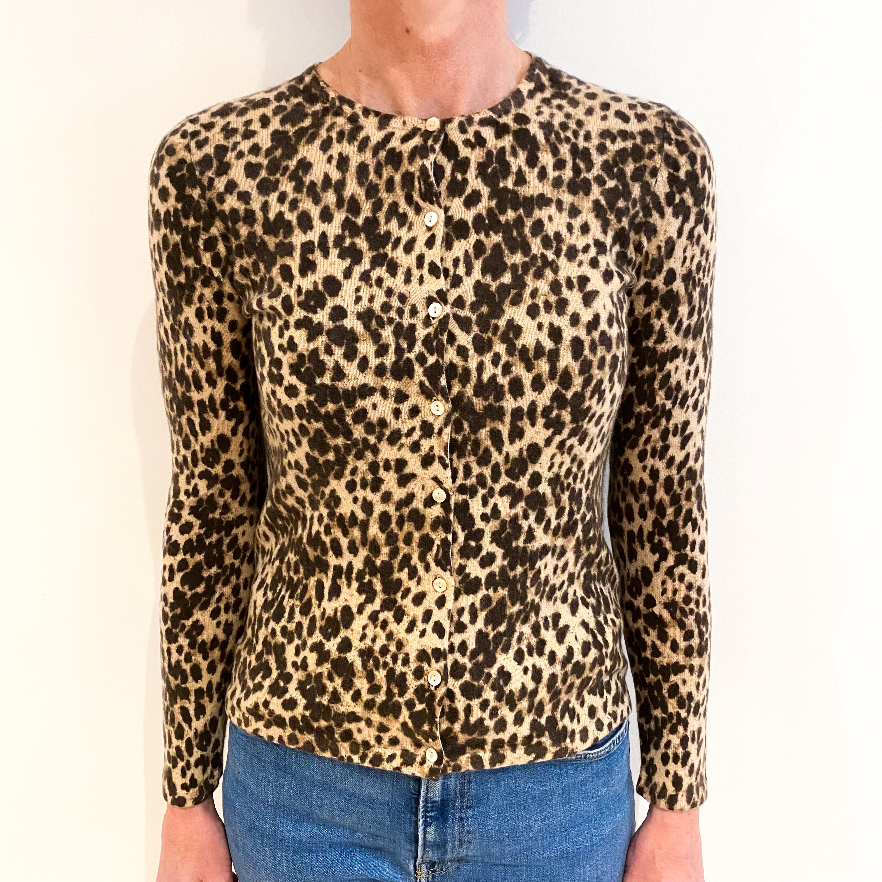 Brown Leopard Print Cashmere Crew Neck Cardigan Small