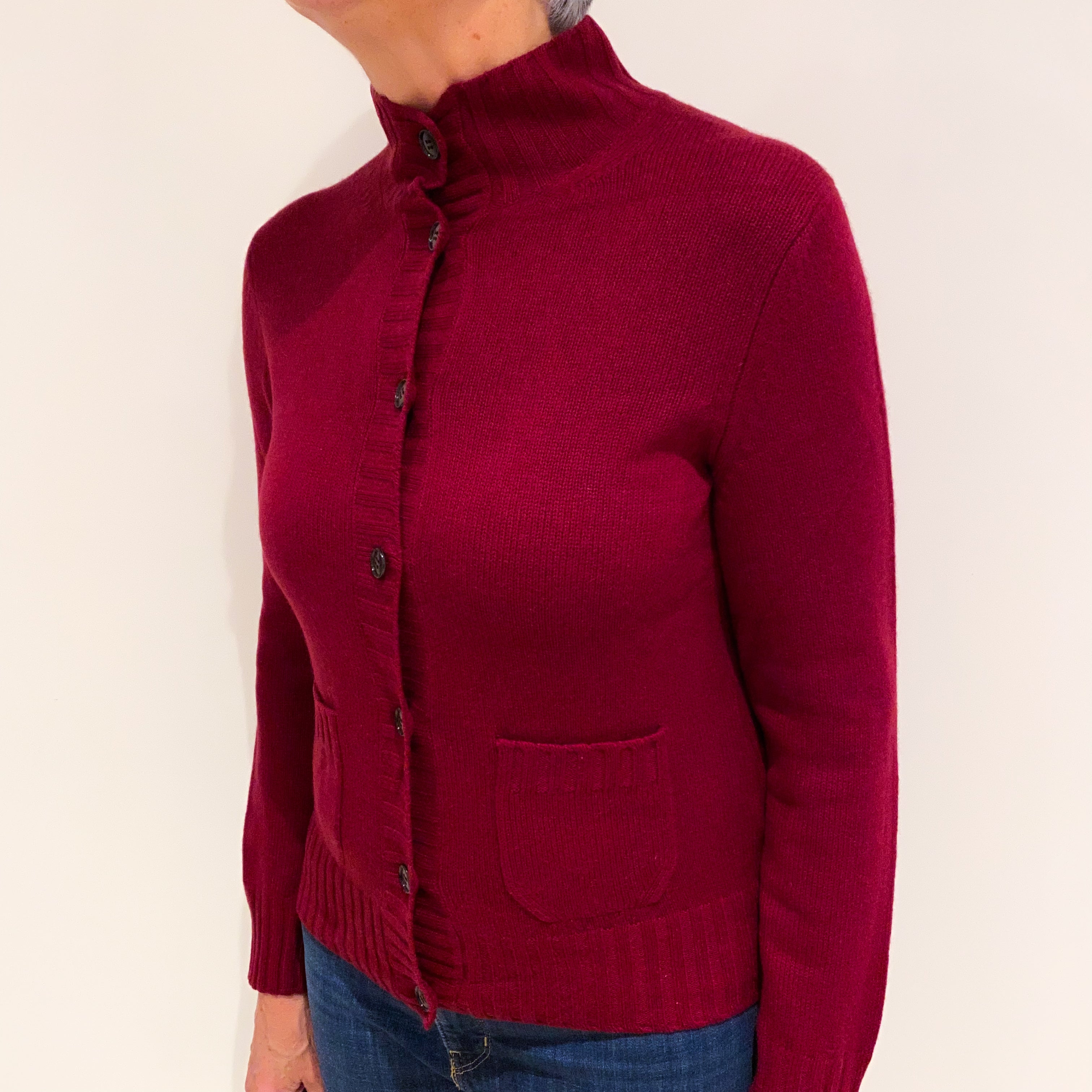 Garnet Red Chunky Cashmere Turtle Neck Cardigan with Pockets Medium