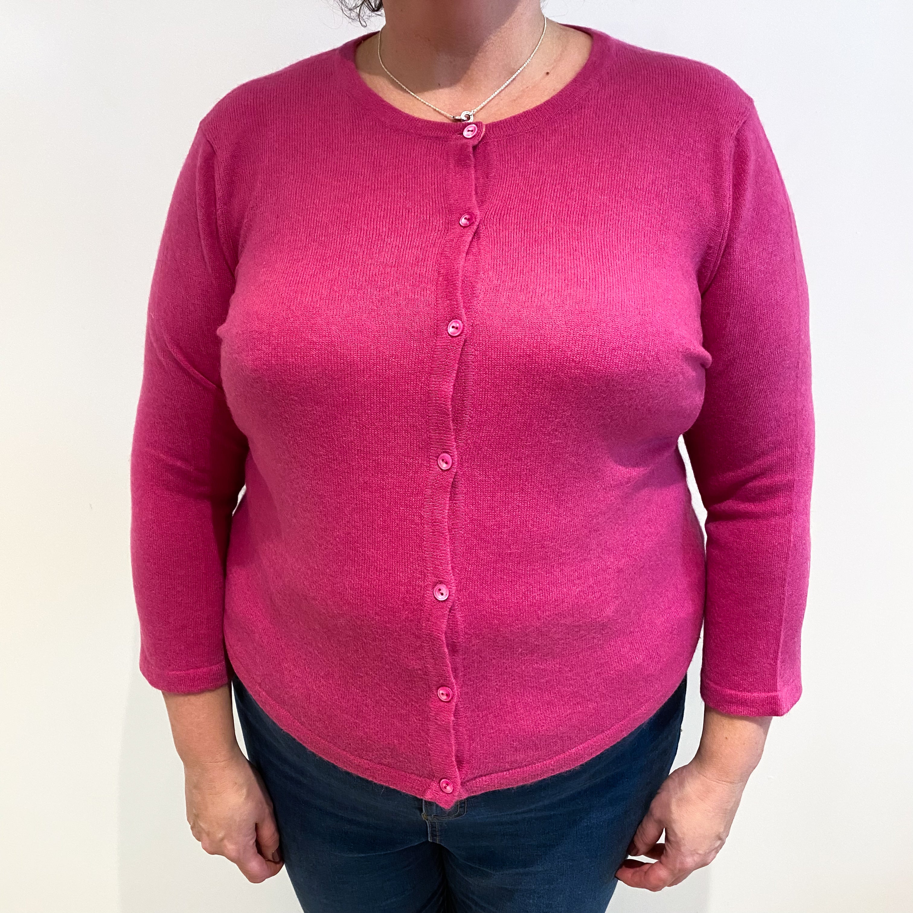Fuchsia Pink Cashmere Crew Neck Cardigan Extra Large
