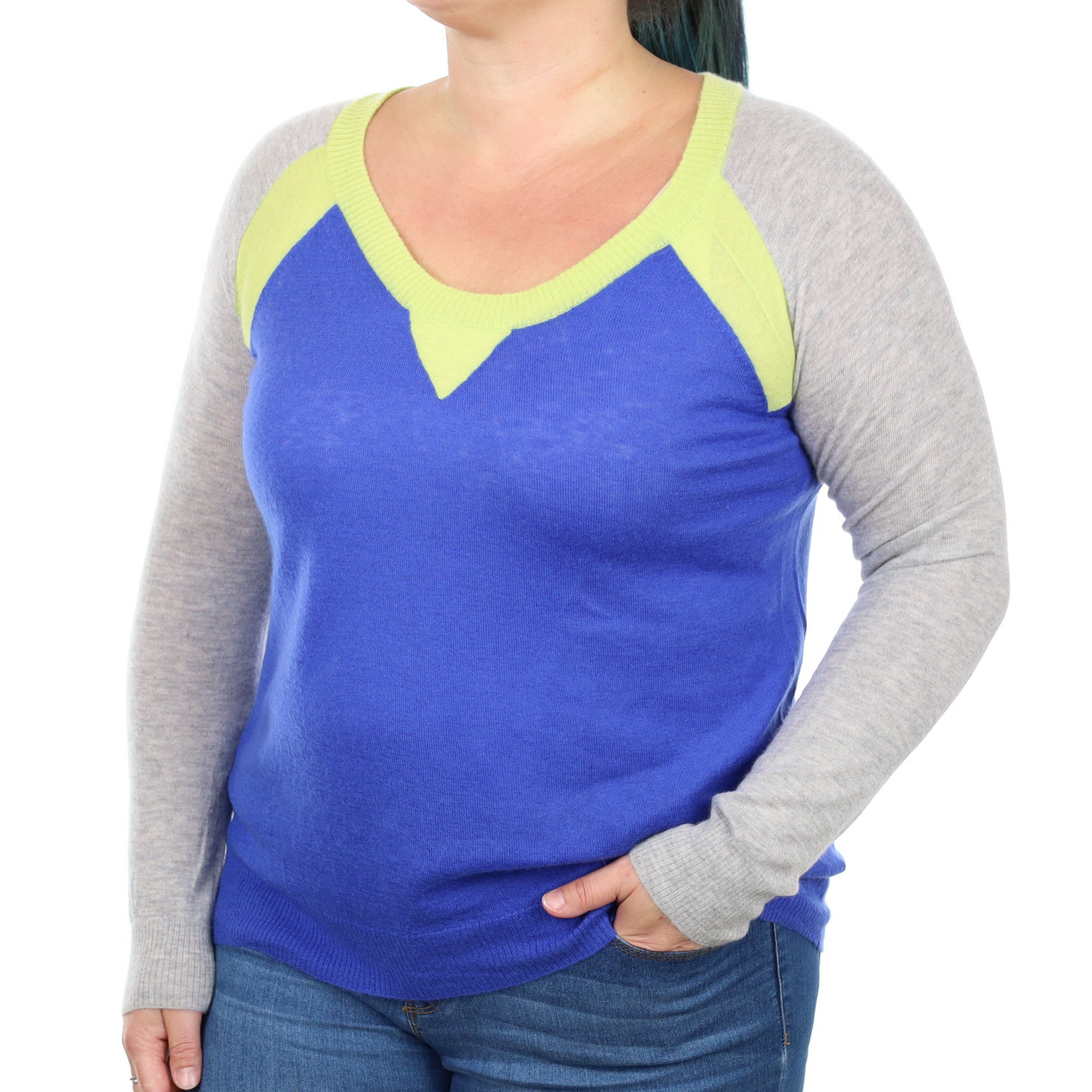 Royal Blue Colour Block Fine Knit Cashmere Scoop Neck Jumper Large