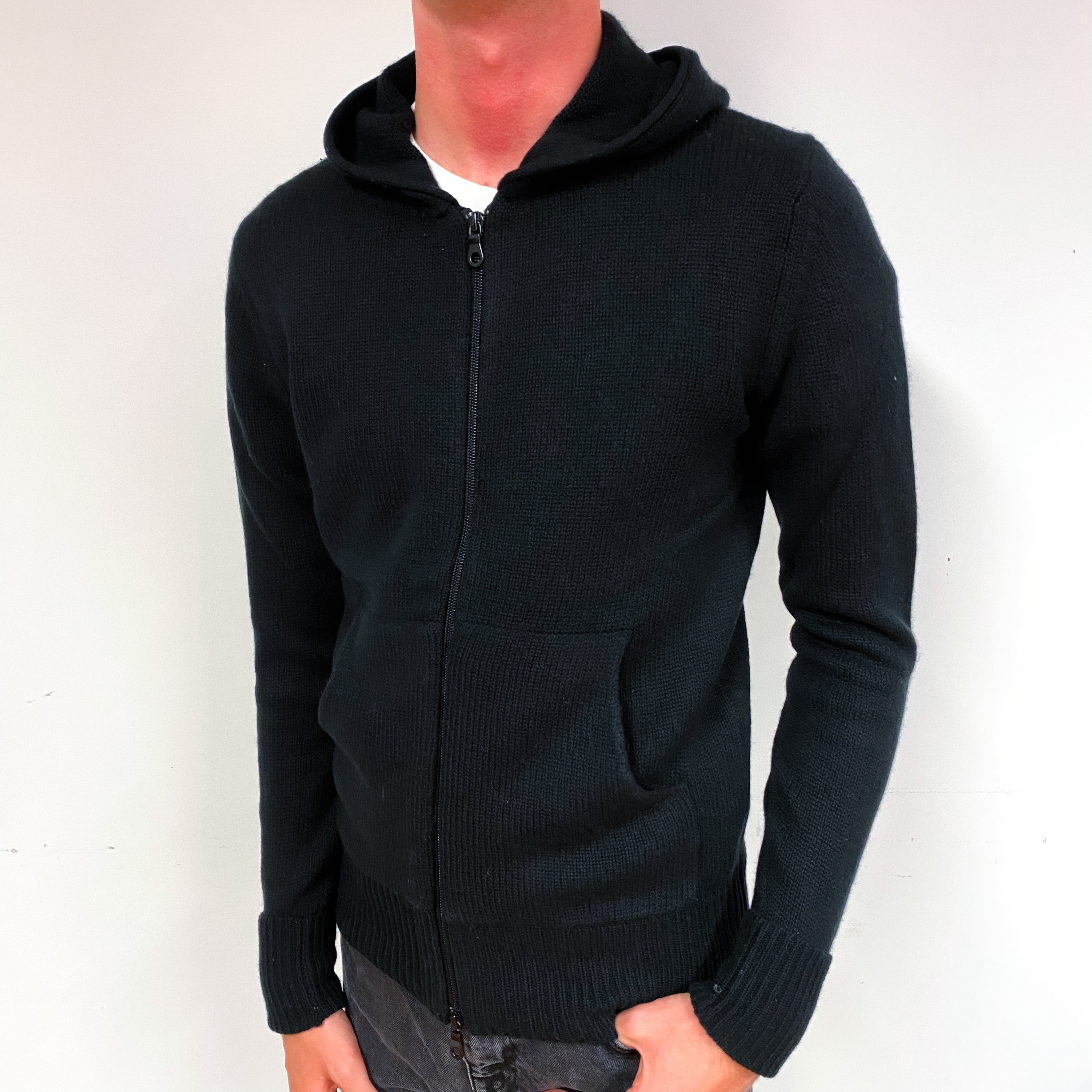Men's Black Cashmere Zip Up Hoodie with Pockets Small